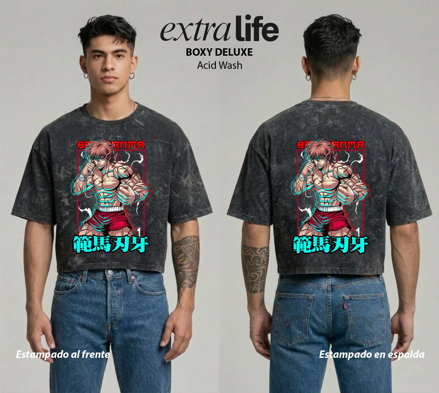 Playera streetwear premium de anime y gaming ExtraLife MX, corte boxy deluxe mineral wash heavyweight en color Acid Wash, moda urbana mexicana de culto.