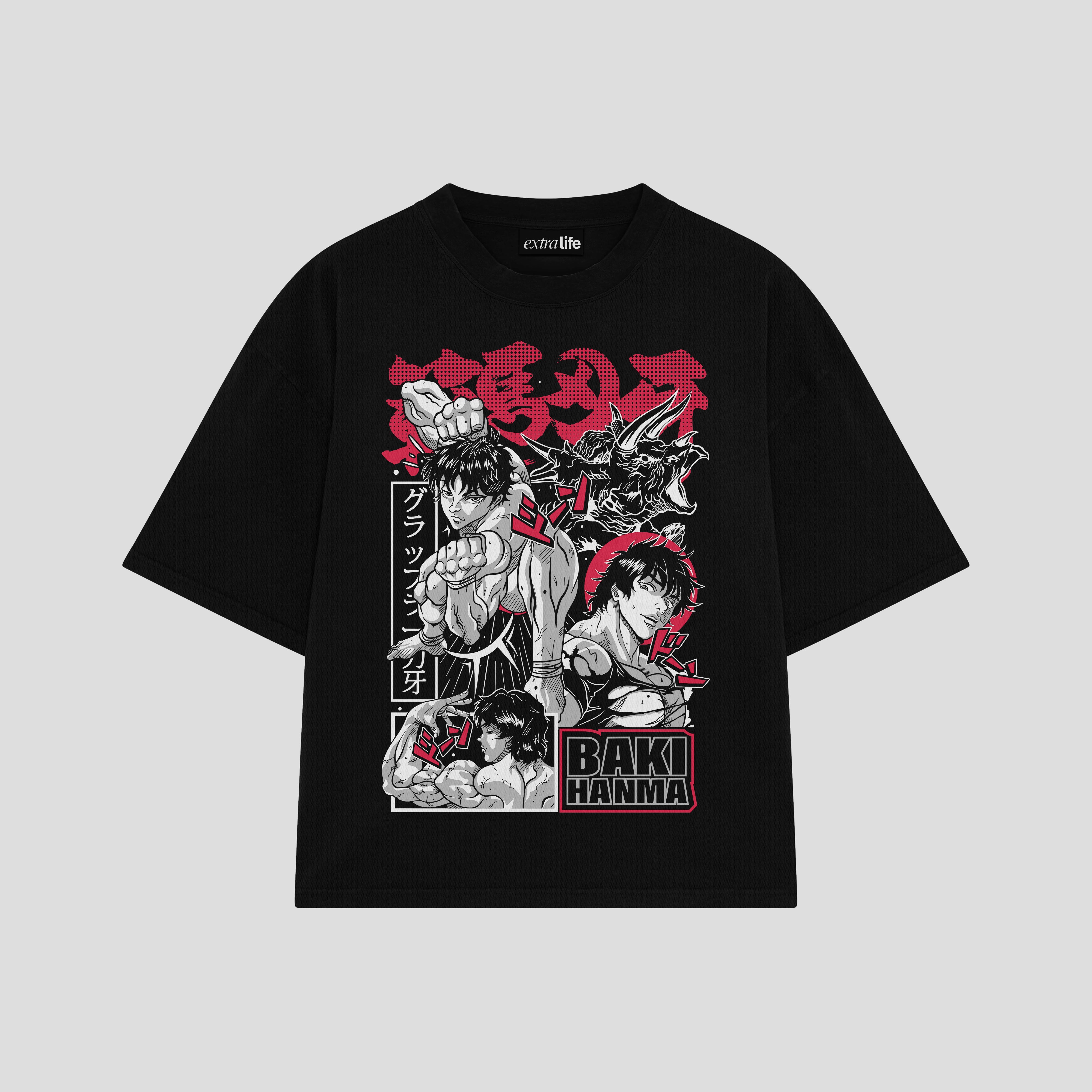 Playera streetwear premium de anime y gaming ExtraLife MX, corte boxy oversized drop shoulder heavyweight en color Deep Black y Off-White, moda urbana mexicana de culto.