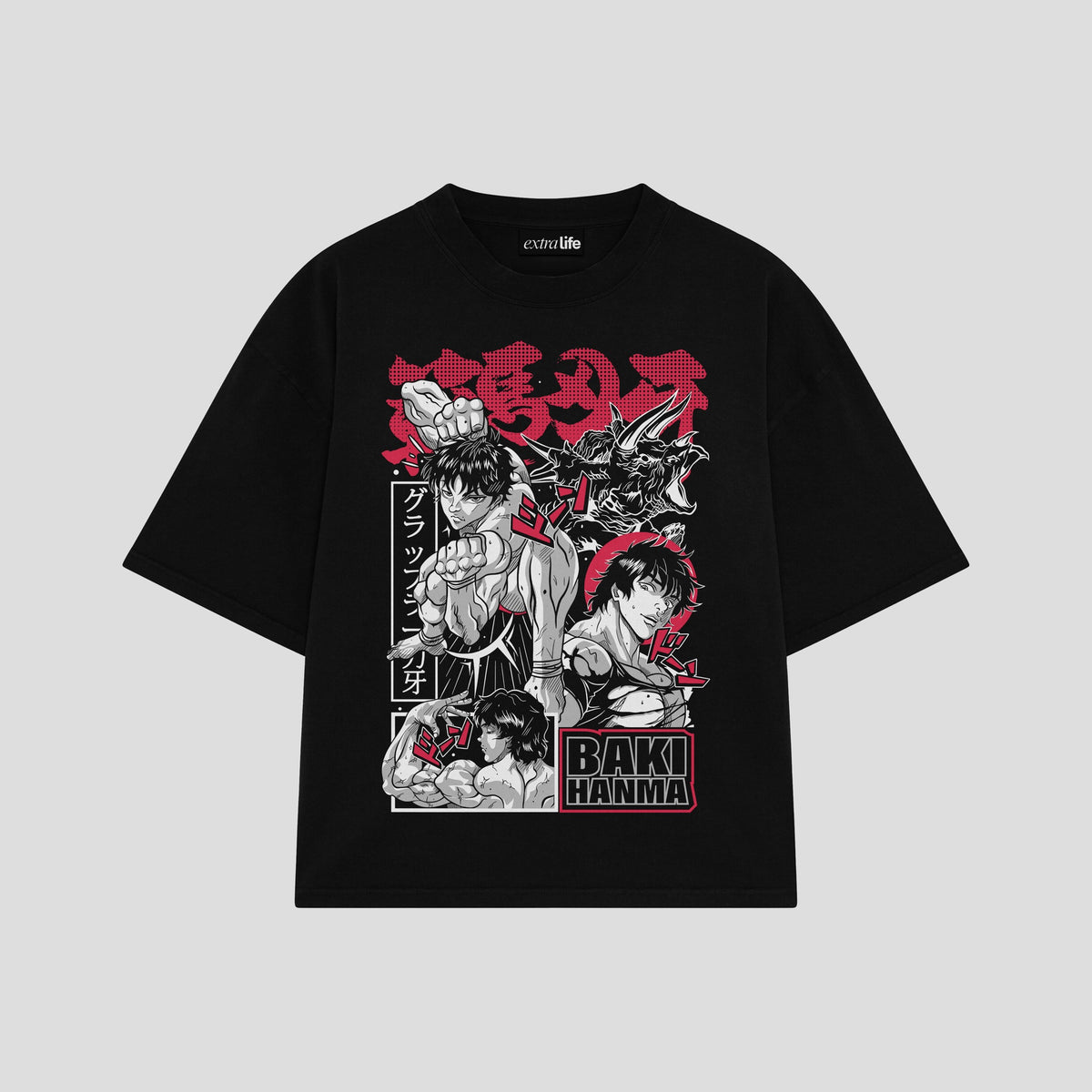 Playera streetwear premium de anime y gaming ExtraLife MX, corte oversized drop shoulder ligero y fresco en color Deep Black y Off-White, moda urbana mexicana de culto.