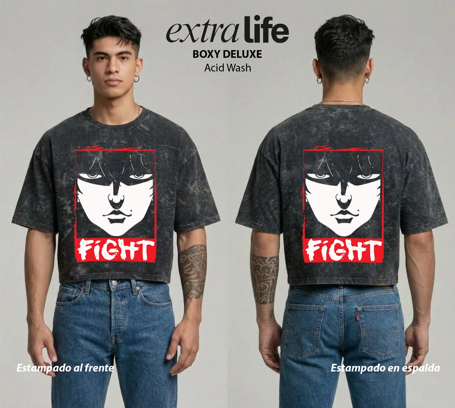 Playera streetwear premium de anime y gaming ExtraLife MX, corte boxy deluxe mineral wash heavyweight en color Acid Wash, moda urbana mexicana de culto.
