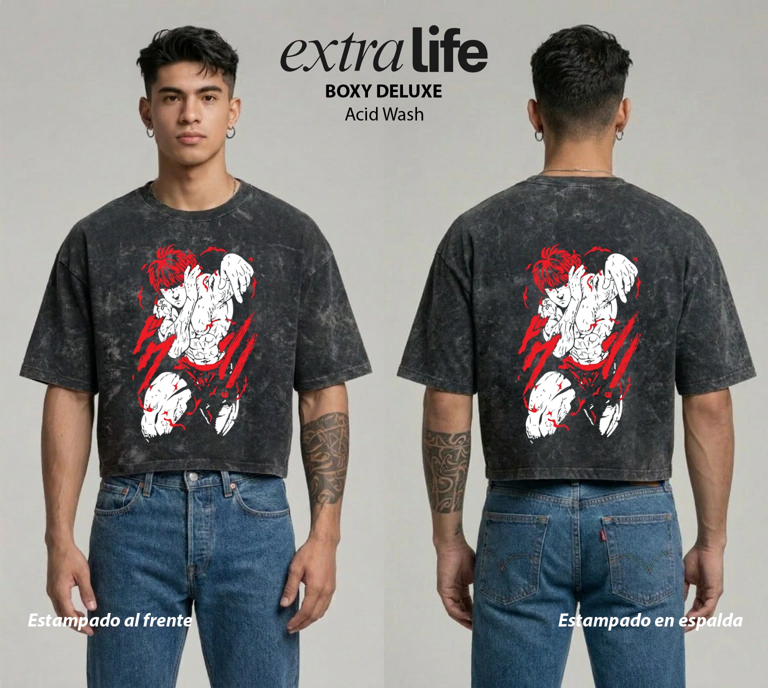 Playera streetwear premium de anime y gaming ExtraLife MX, corte boxy deluxe mineral wash heavyweight en color Acid Wash, moda urbana mexicana de culto.