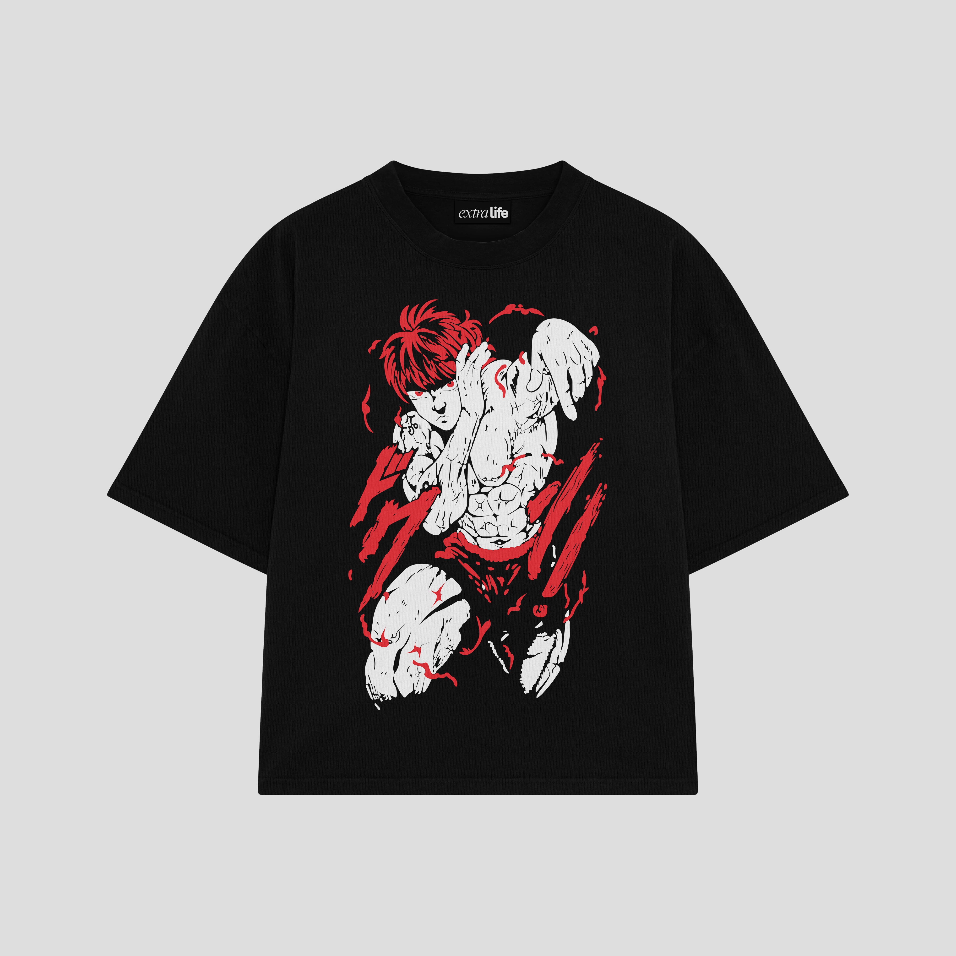 Playera streetwear premium de anime y gaming ExtraLife MX, corte boxy oversized drop shoulder heavyweight en color Deep Black y Off-White, moda urbana mexicana de culto.