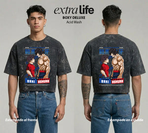Playera streetwear premium de anime y gaming ExtraLife MX, corte boxy deluxe mineral wash heavyweight en color Acid Wash, moda urbana mexicana de culto.