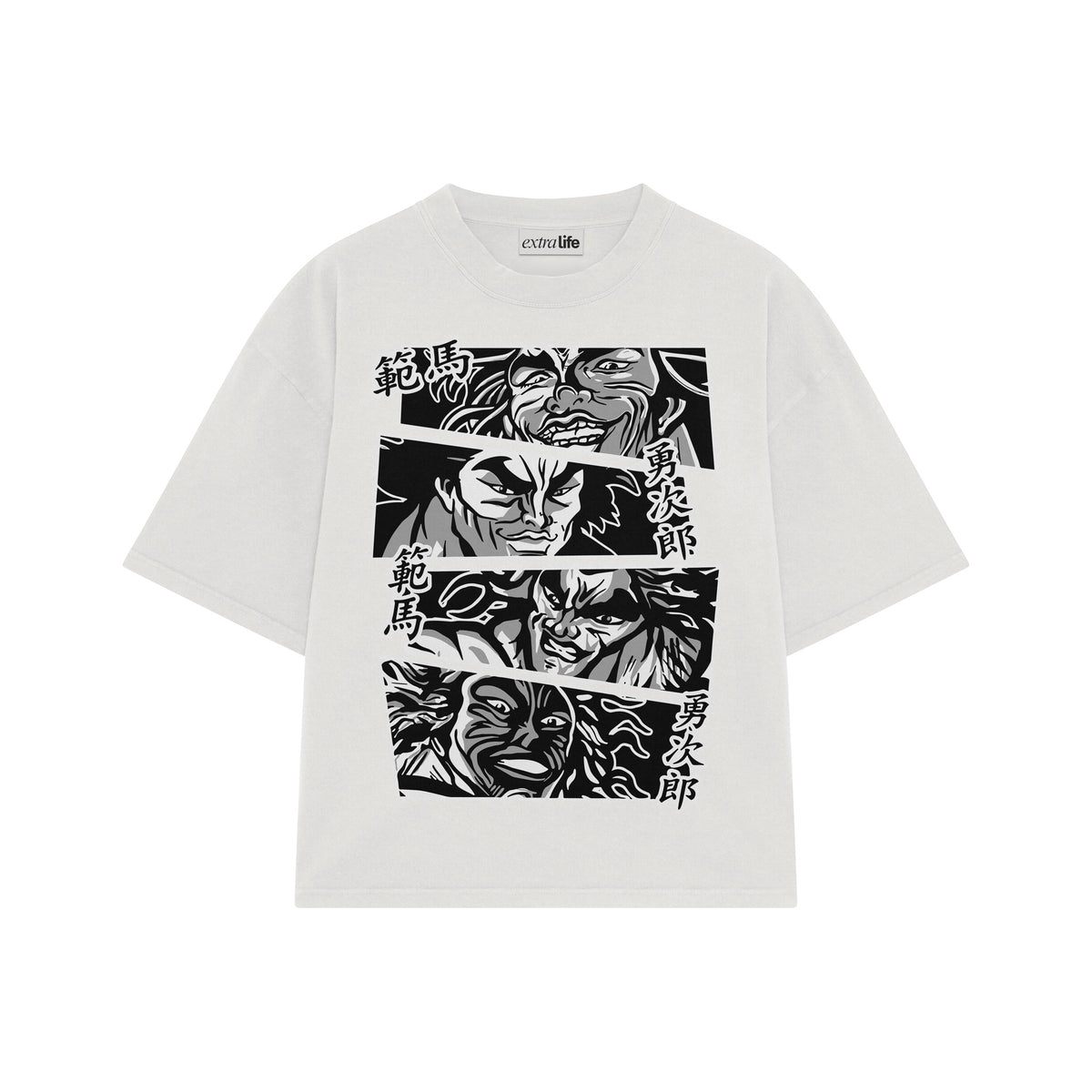 Playera streetwear premium de anime y gaming ExtraLife MX, corte oversized drop shoulder ligero y fresco en color Deep Black y Off-White, moda urbana mexicana de culto.