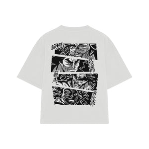 Playera streetwear premium de anime y gaming ExtraLife MX, corte boxy oversized drop shoulder heavyweight en color Deep Black y Off-White, moda urbana mexicana de culto.