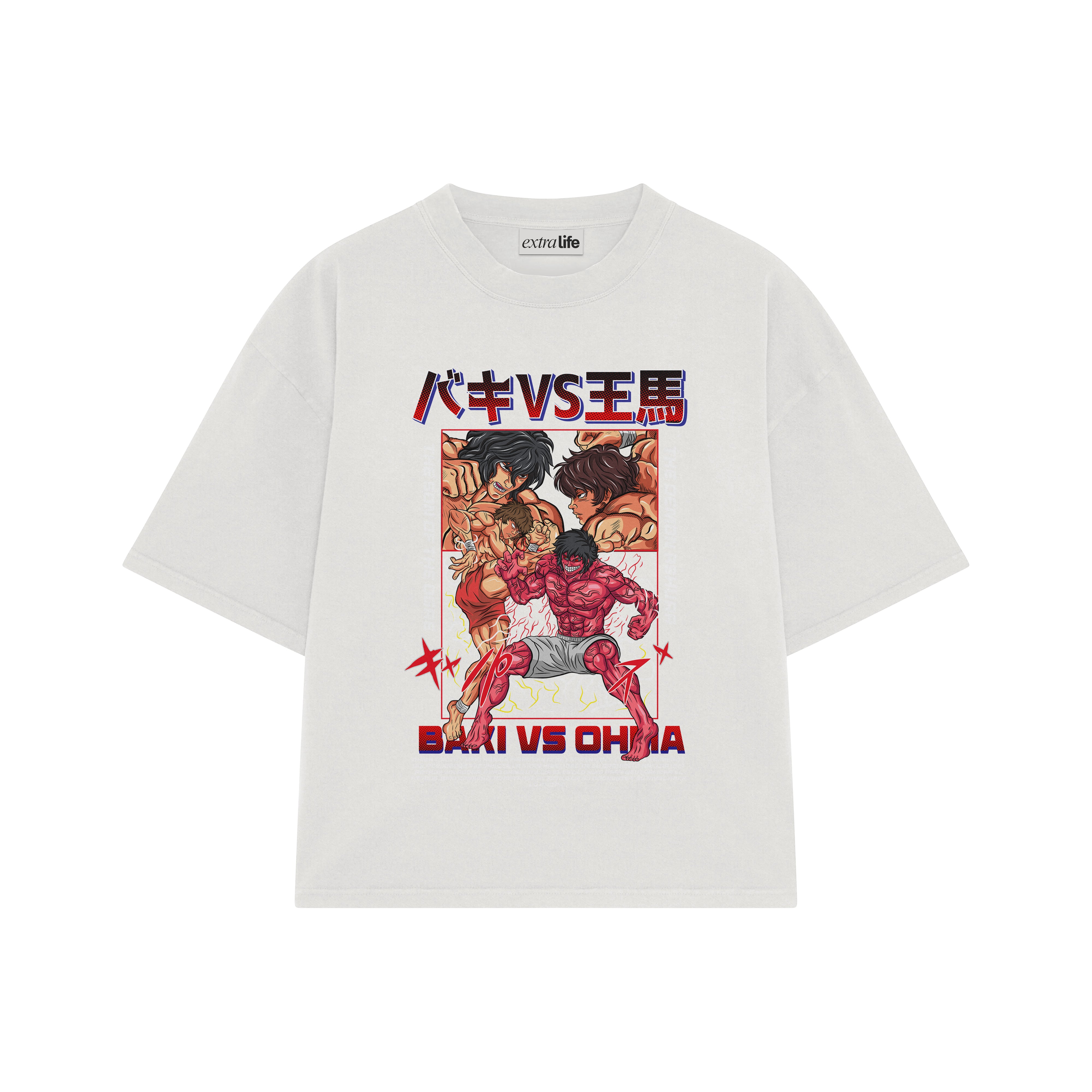 Playera streetwear premium de anime y gaming ExtraLife MX, corte boxy oversized drop shoulder heavyweight en color Deep Black y Off-White, moda urbana mexicana de culto.