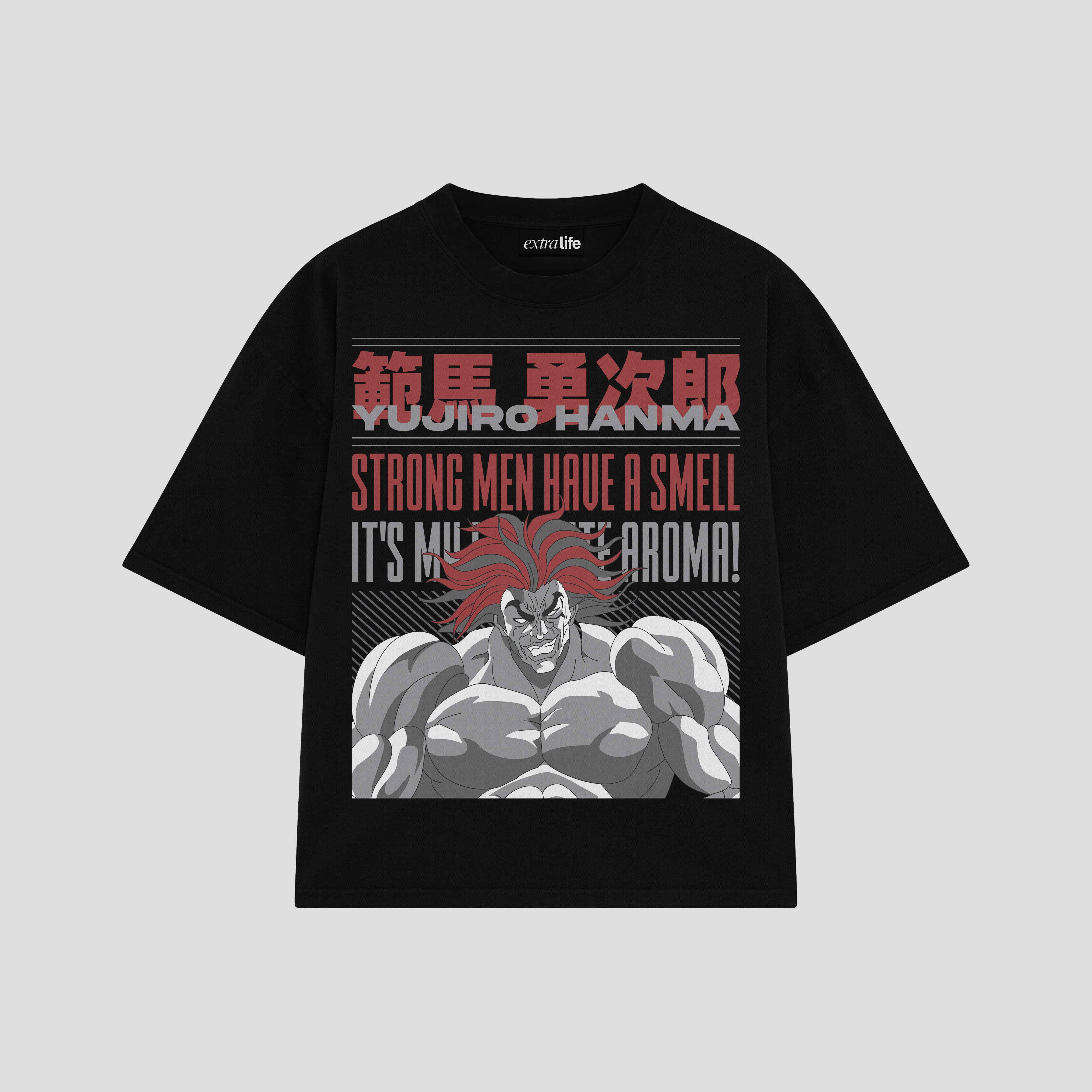 Playera streetwear premium de anime y gaming ExtraLife MX, corte boxy oversized drop shoulder heavyweight en color Deep Black y Off-White, moda urbana mexicana de culto.