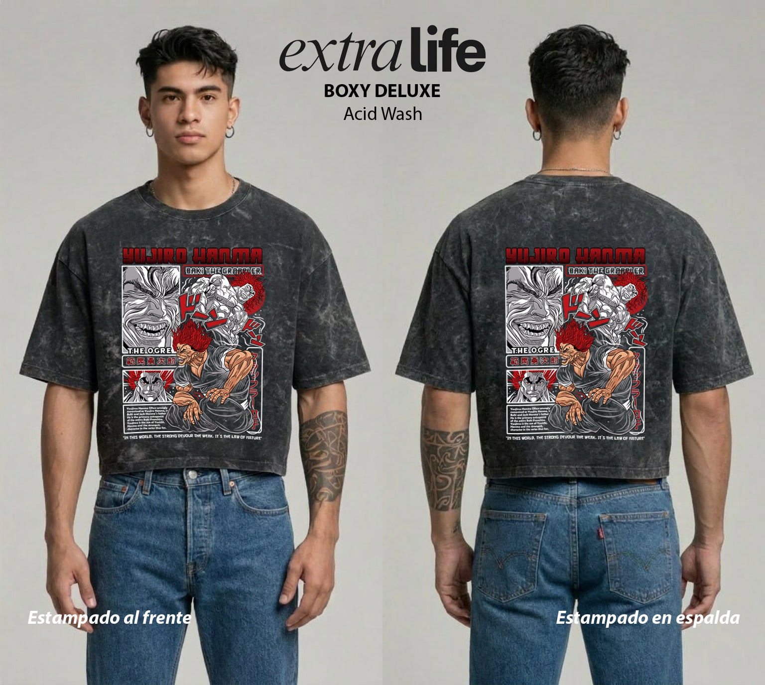 Playera streetwear premium de anime y gaming ExtraLife MX, corte boxy deluxe mineral wash heavyweight en color Acid Wash, moda urbana mexicana de culto.