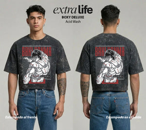 Playera streetwear premium de anime y gaming ExtraLife MX, corte boxy deluxe mineral wash heavyweight en color Acid Wash, moda urbana mexicana de culto.
