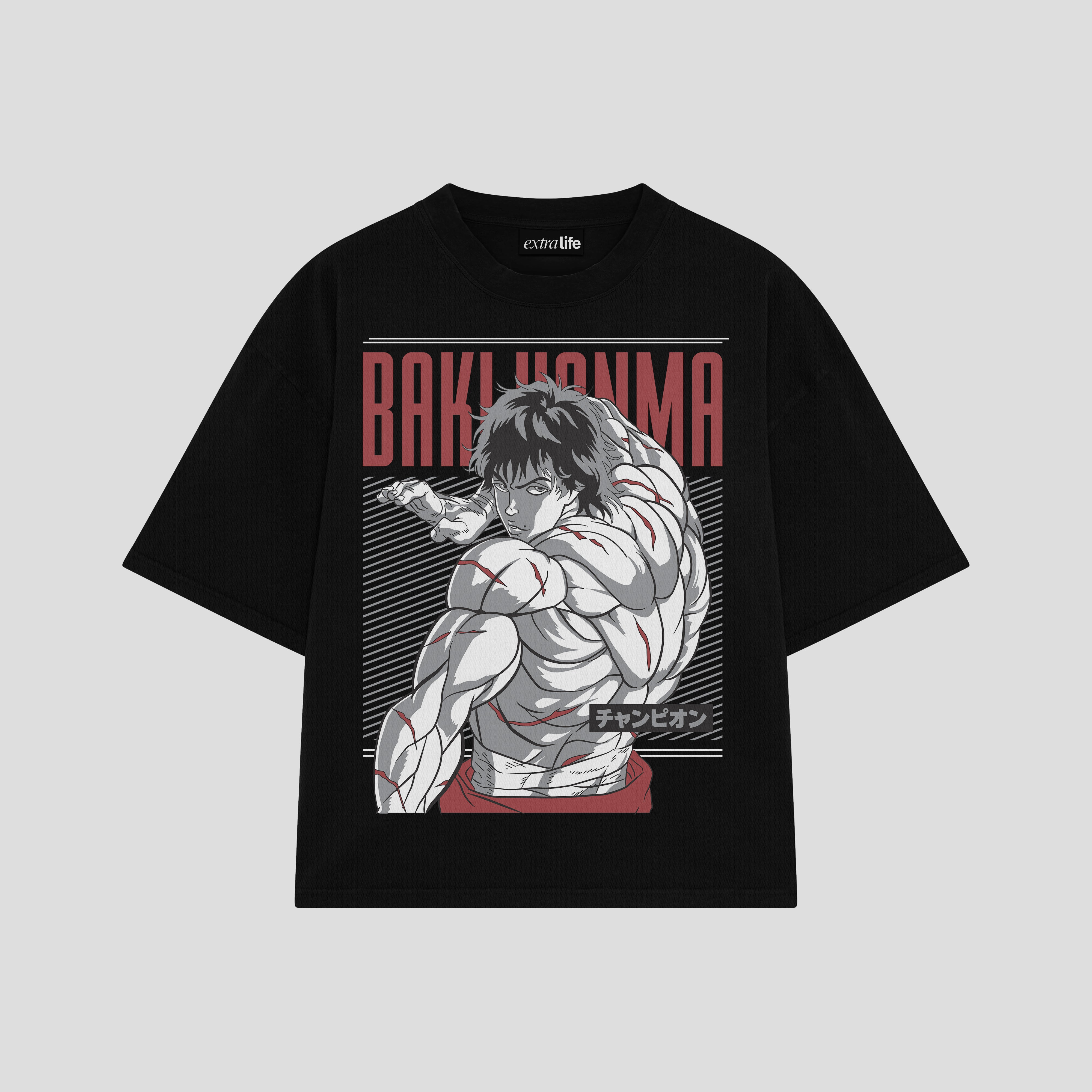 Playera streetwear premium de anime y gaming ExtraLife MX, corte boxy oversized drop shoulder heavyweight en color Deep Black y Off-White, moda urbana mexicana de culto.