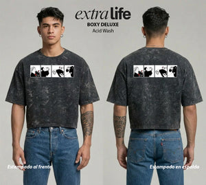 Playera streetwear premium de anime y gaming ExtraLife MX, corte boxy deluxe mineral wash heavyweight en color Acid Wash, moda urbana mexicana de culto.