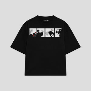 Playera streetwear premium de anime y gaming ExtraLife MX, corte boxy oversized drop shoulder heavyweight en color Deep Black y Off-White, moda urbana mexicana de culto.