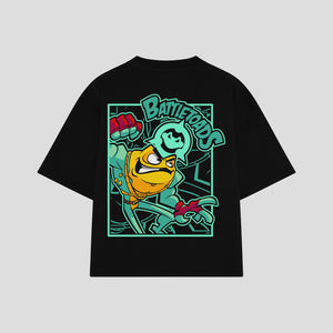 Playera streetwear premium de anime y gaming ExtraLife MX, corte boxy oversized drop shoulder heavyweight en color Deep Black y Off-White, moda urbana mexicana de culto.