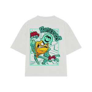Playera streetwear premium de anime y gaming ExtraLife MX, corte boxy oversized drop shoulder heavyweight en color Deep Black y Off-White, moda urbana mexicana de culto.