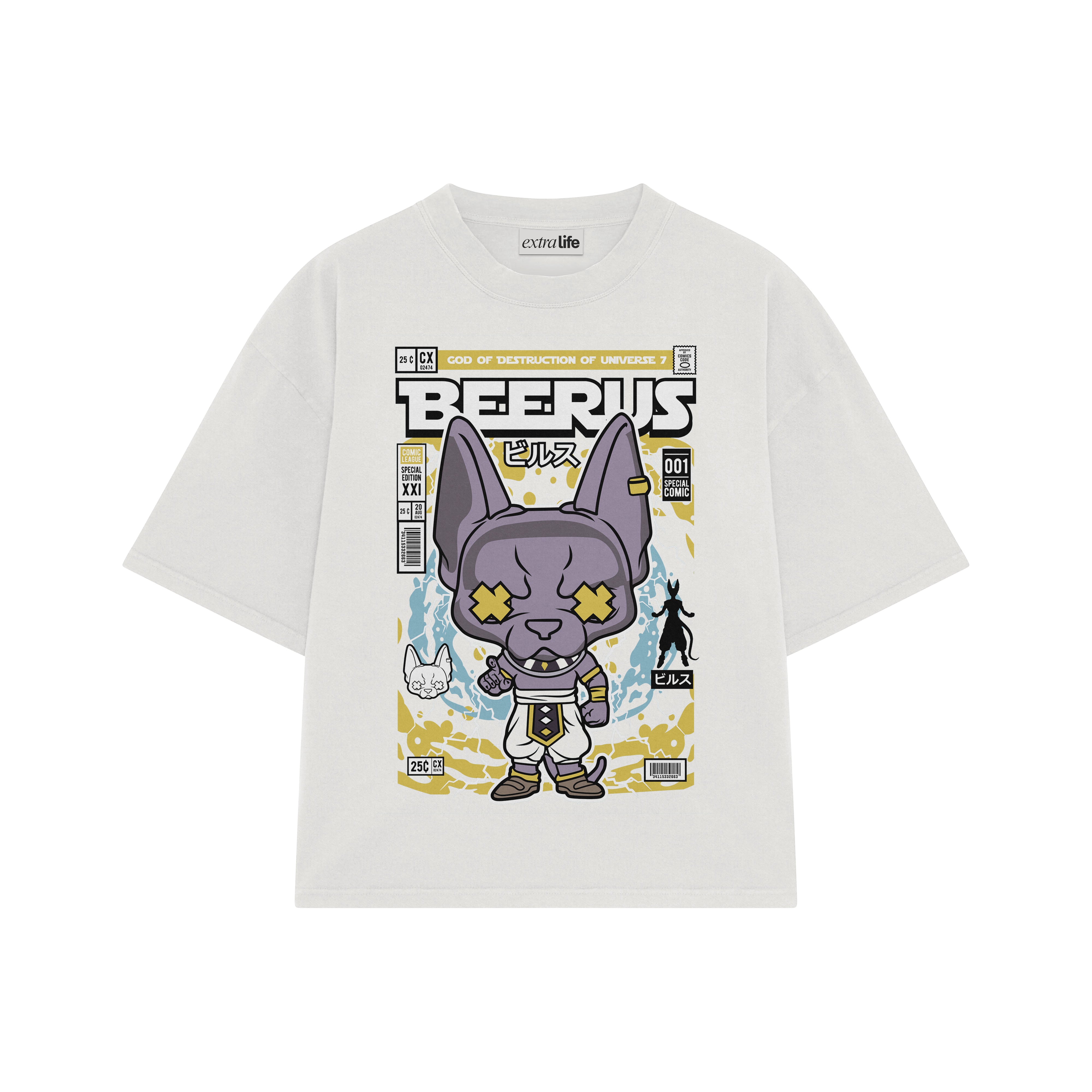 Playera streetwear premium de anime y gaming ExtraLife MX, corte boxy oversized drop shoulder heavyweight en color Deep Black y Off-White, moda urbana mexicana de culto.