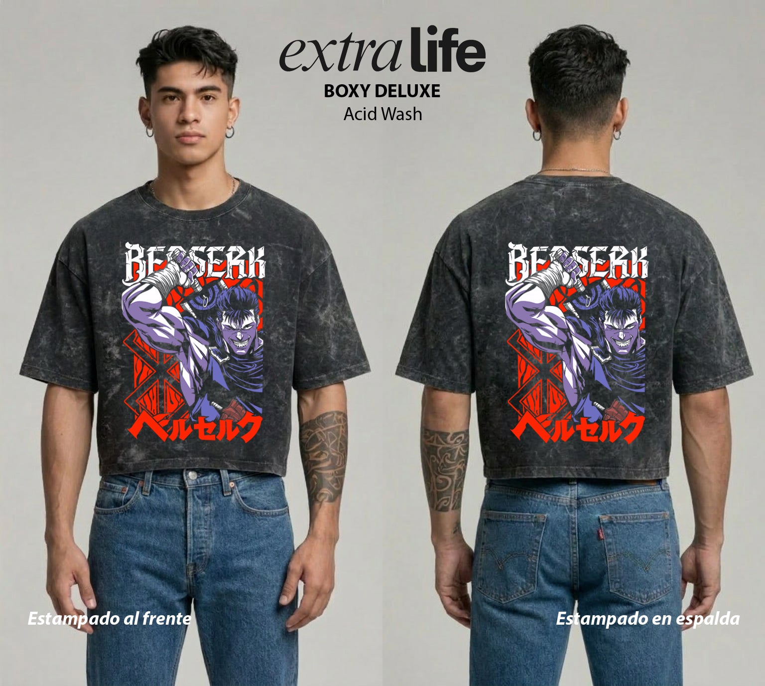 Playera streetwear premium de anime y gaming ExtraLife MX, corte boxy deluxe mineral wash heavyweight en color Acid Wash, moda urbana mexicana de culto.