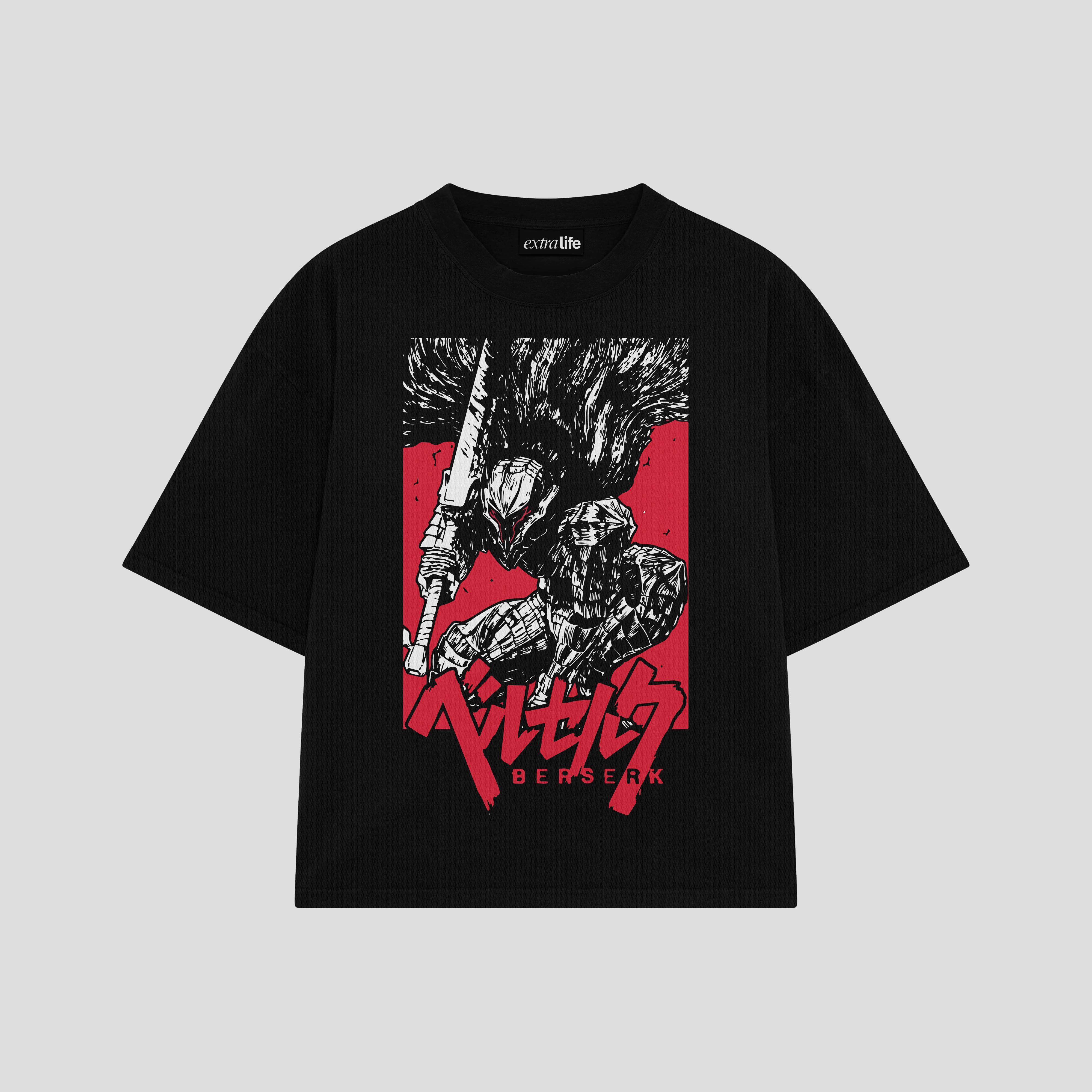 Playera streetwear premium de anime y gaming ExtraLife MX, corte boxy oversized drop shoulder heavyweight en color Deep Black y Off-White, moda urbana mexicana de culto.