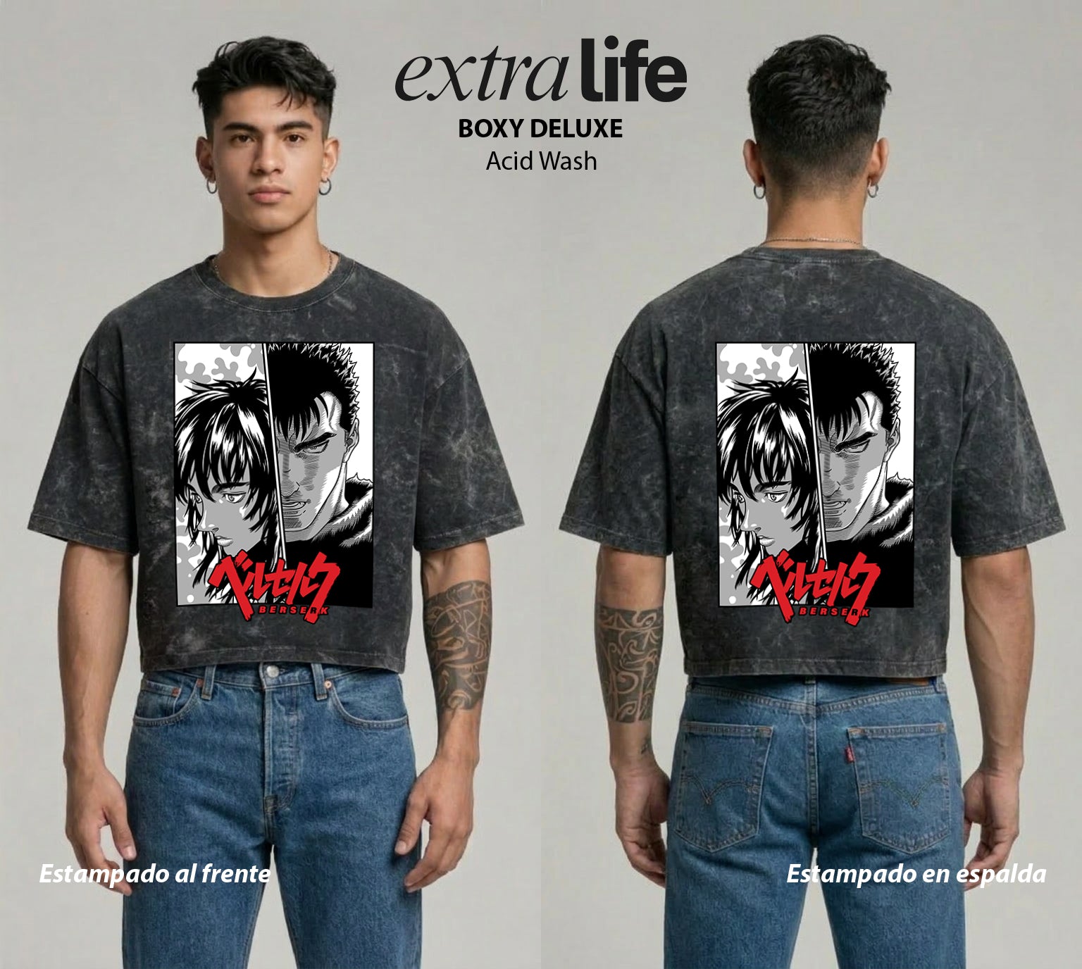 Playera streetwear premium de anime y gaming ExtraLife MX, corte boxy deluxe mineral wash heavyweight en color Acid Wash, moda urbana mexicana de culto.