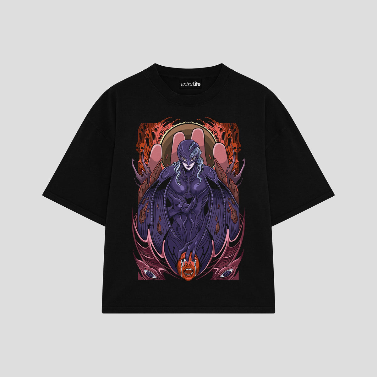 Playera streetwear premium de anime y gaming ExtraLife MX, corte oversized drop shoulder ligero y fresco en color Deep Black y Off-White, moda urbana mexicana de culto.