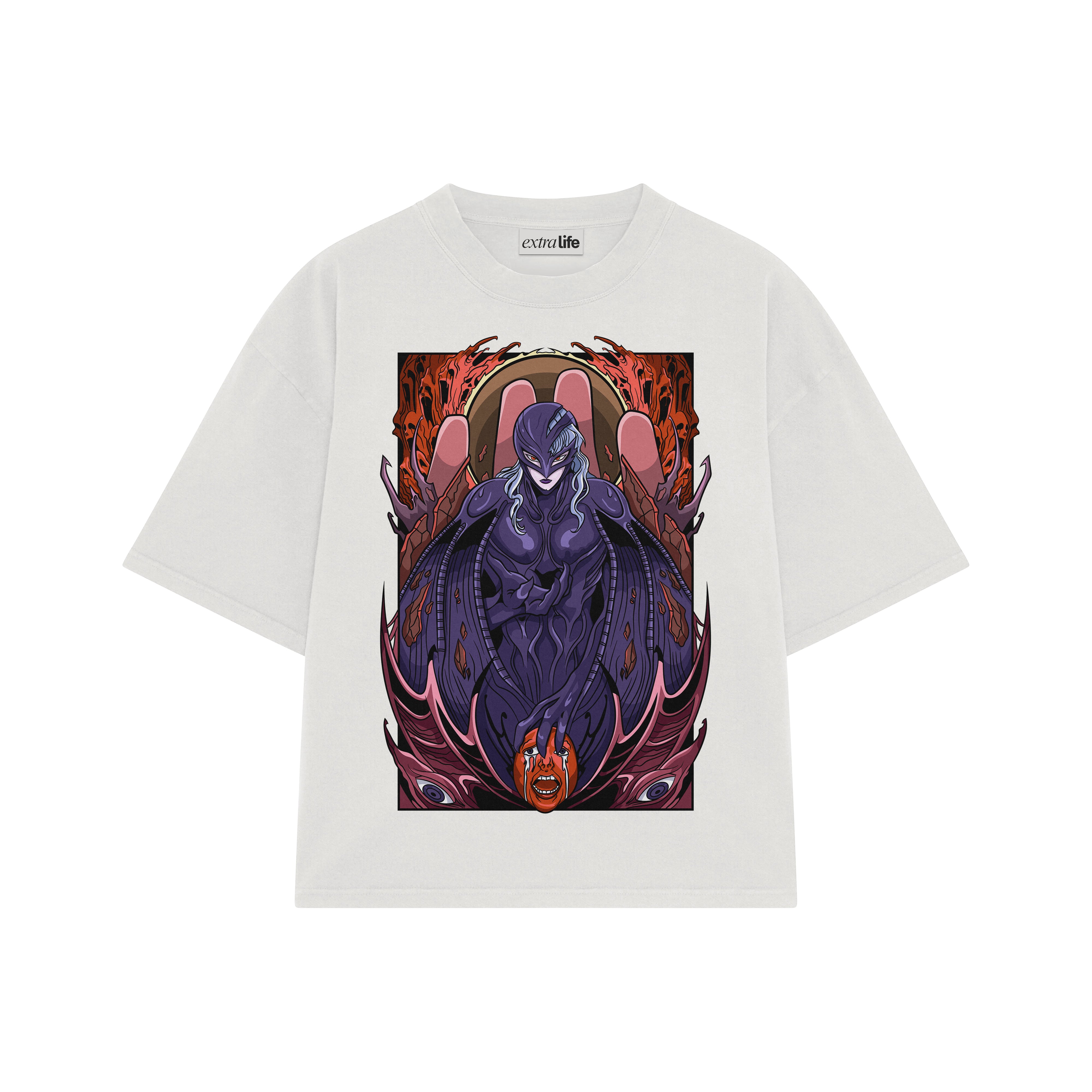 Playera streetwear premium de anime y gaming ExtraLife MX, corte boxy oversized drop shoulder heavyweight en color Deep Black y Off-White, moda urbana mexicana de culto.