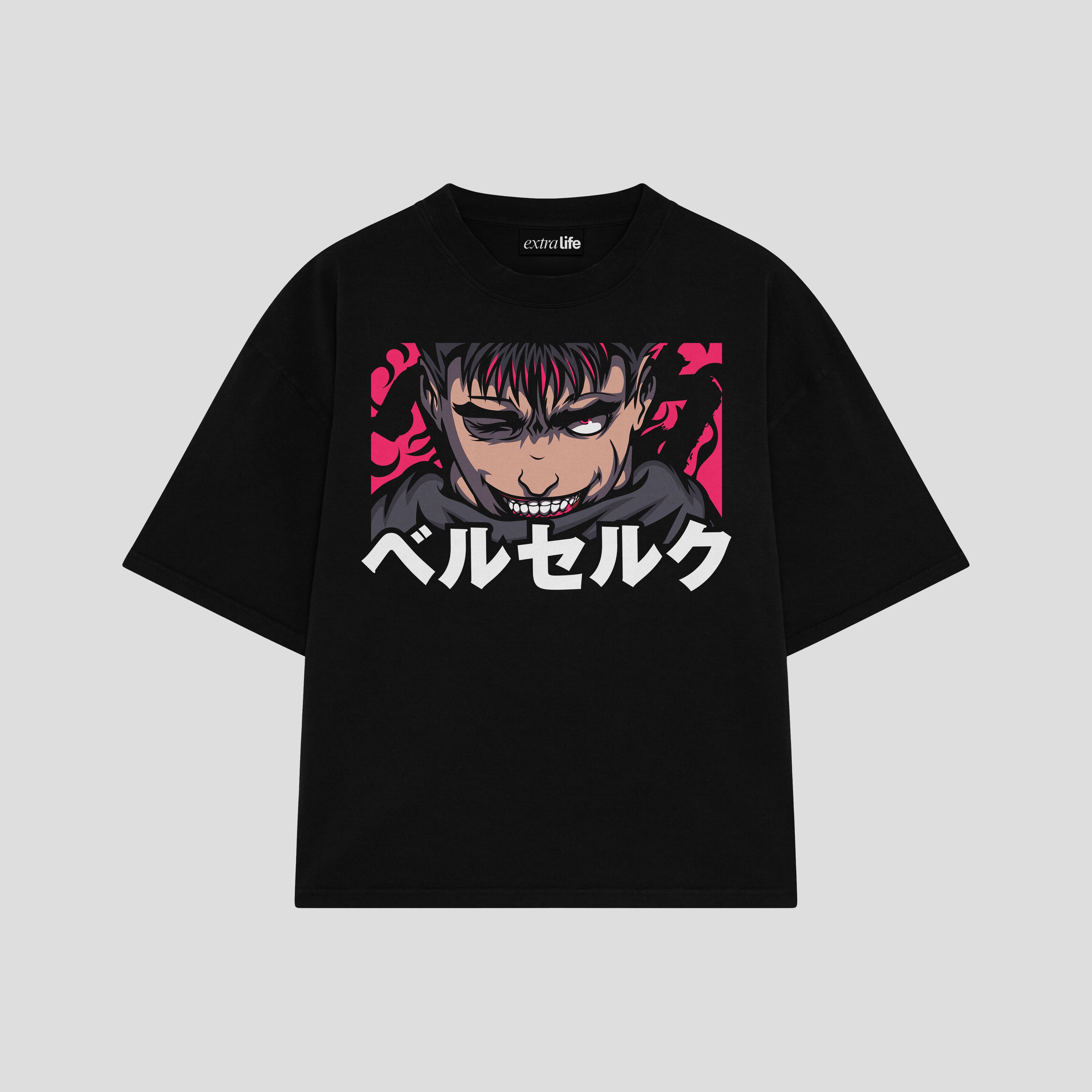 Playera streetwear premium de anime y gaming ExtraLife MX, corte boxy oversized drop shoulder heavyweight en color Deep Black y Off-White, moda urbana mexicana de culto.