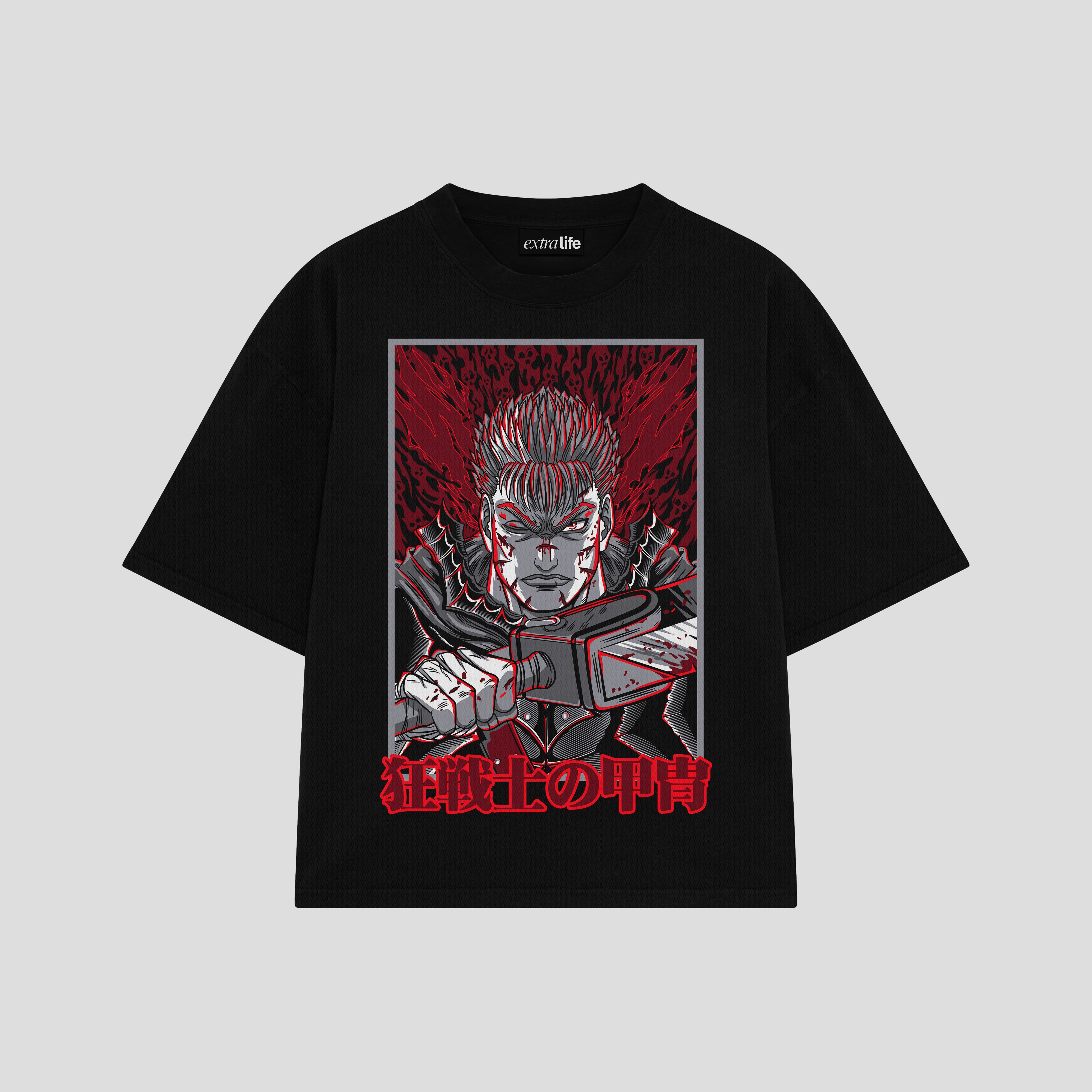 Playera streetwear premium de anime y gaming ExtraLife MX, corte boxy oversized drop shoulder heavyweight en color Deep Black y Off-White, moda urbana mexicana de culto.