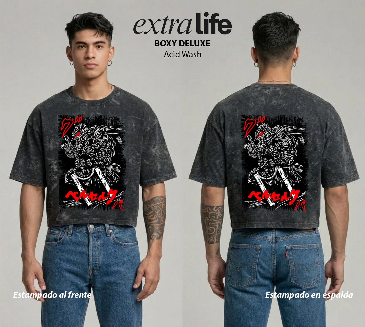 Playera streetwear premium de anime y gaming ExtraLife MX, corte boxy deluxe mineral wash heavyweight en color Acid Wash, moda urbana mexicana de culto.