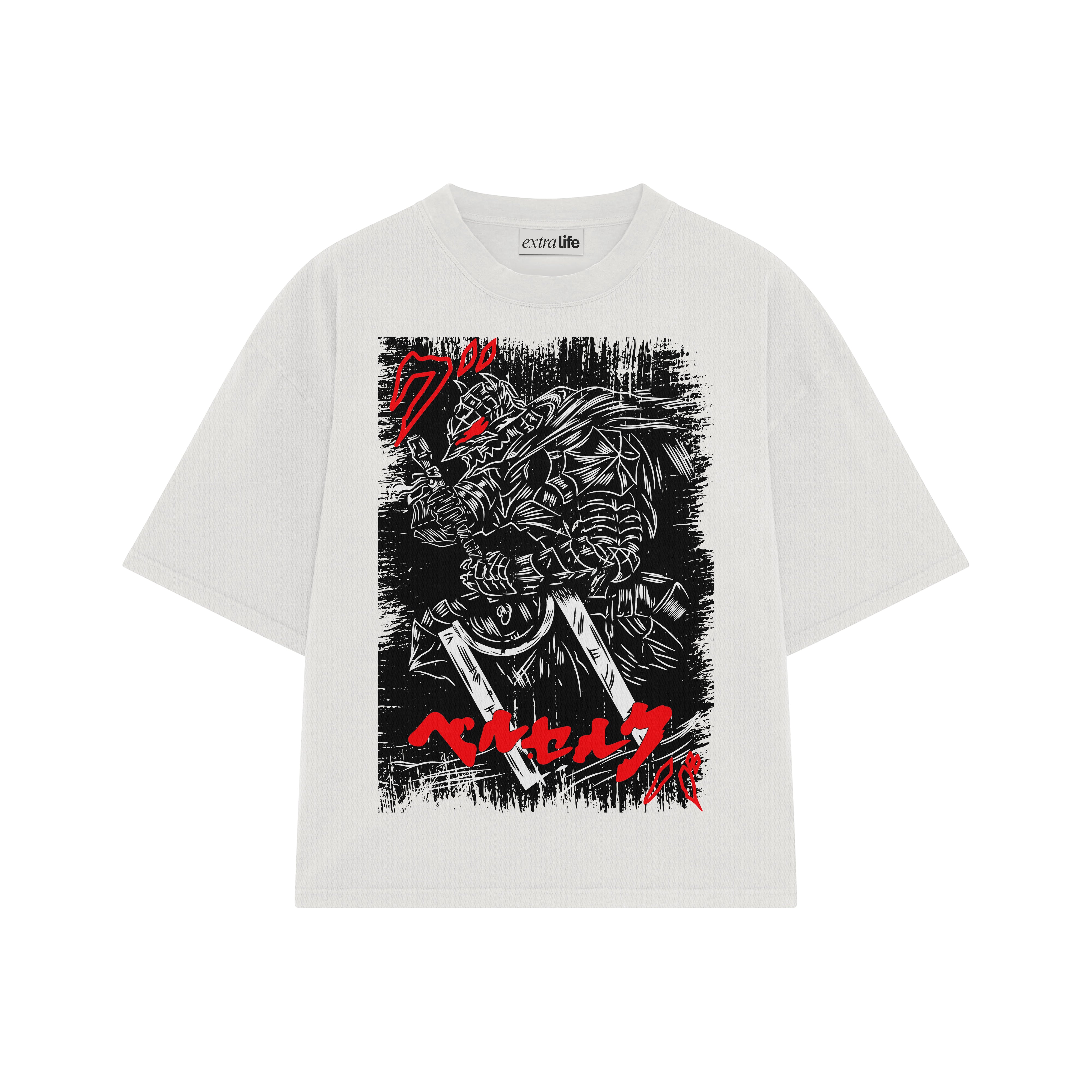 Playera streetwear premium de anime y gaming ExtraLife MX, corte boxy oversized drop shoulder heavyweight en color Deep Black y Off-White, moda urbana mexicana de culto.