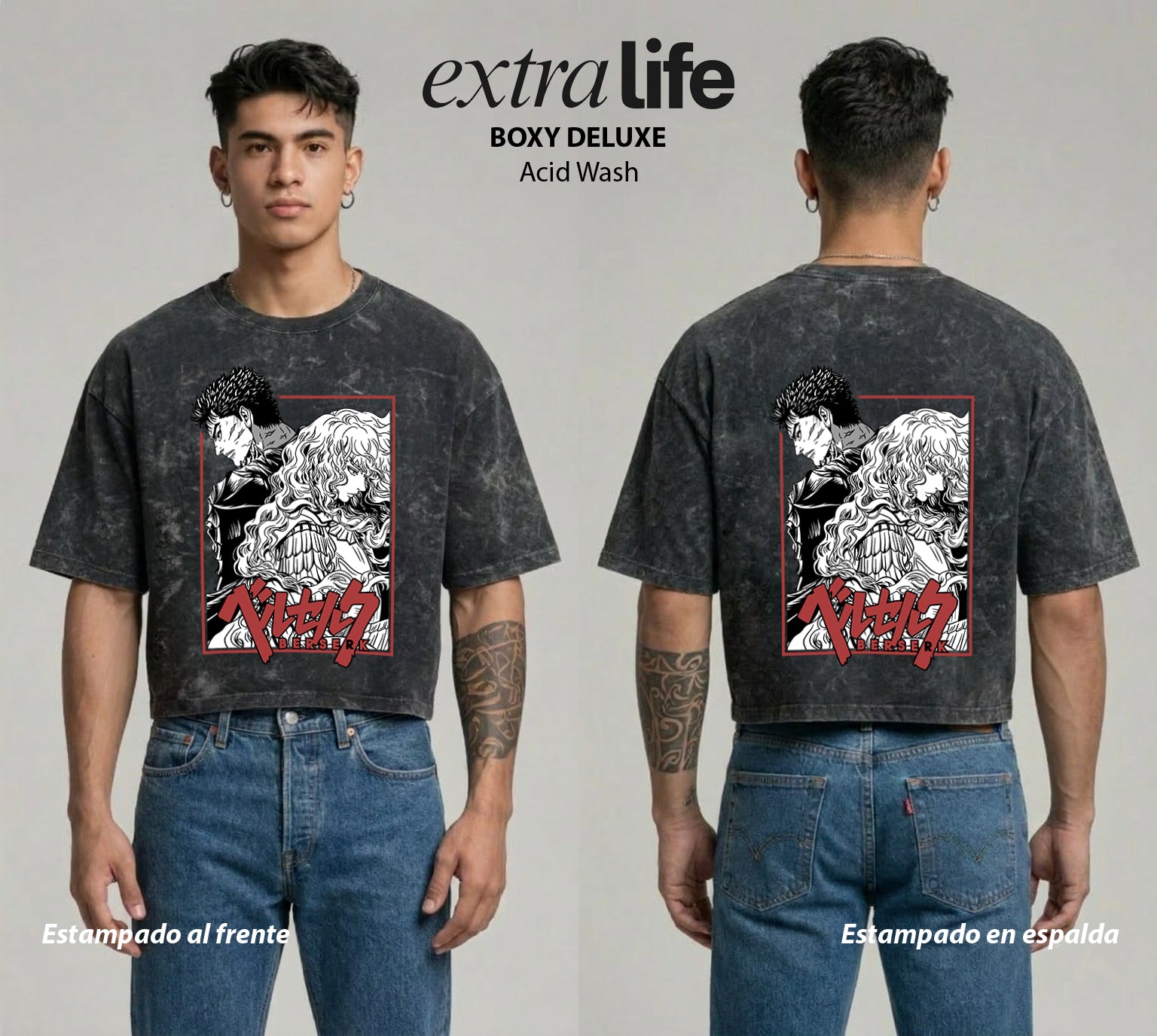 Playera streetwear premium de anime y gaming ExtraLife MX, corte boxy deluxe mineral wash heavyweight en color Acid Wash, moda urbana mexicana de culto.