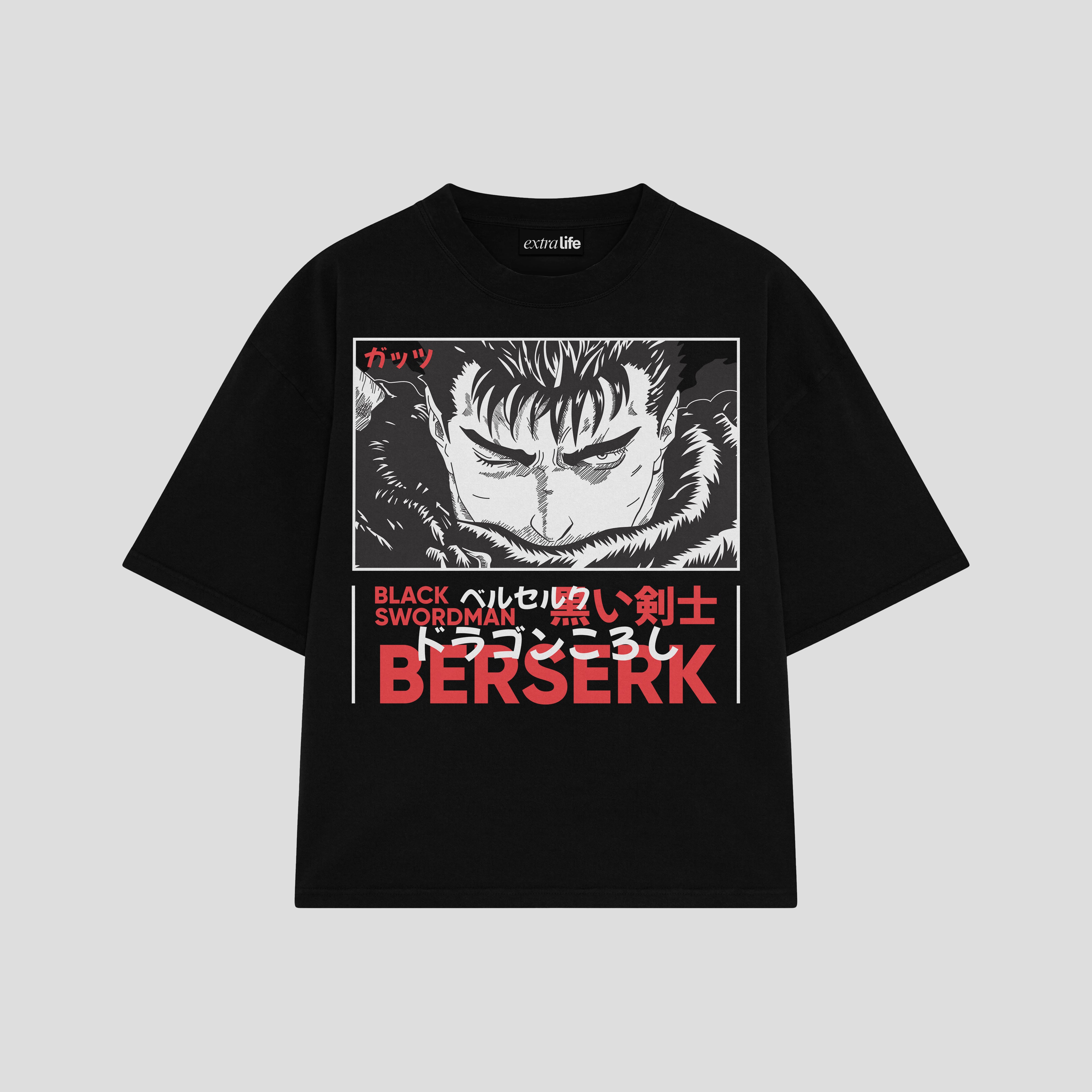 Playera streetwear premium de anime y gaming ExtraLife MX, corte boxy oversized drop shoulder heavyweight en color Deep Black y Off-White, moda urbana mexicana de culto.