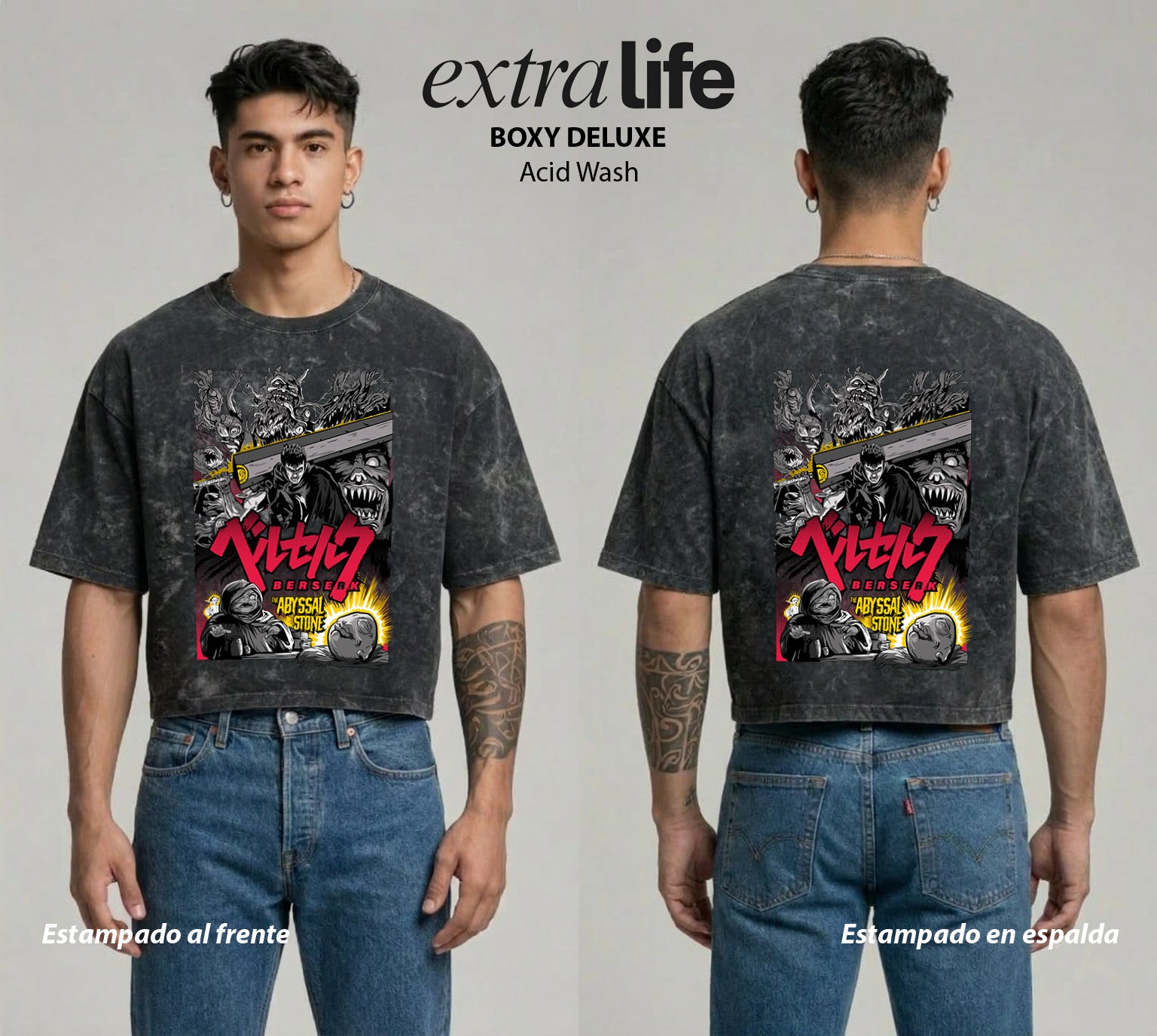 Playera streetwear premium de anime y gaming ExtraLife MX, corte boxy deluxe mineral wash heavyweight en color Acid Wash, moda urbana mexicana de culto.