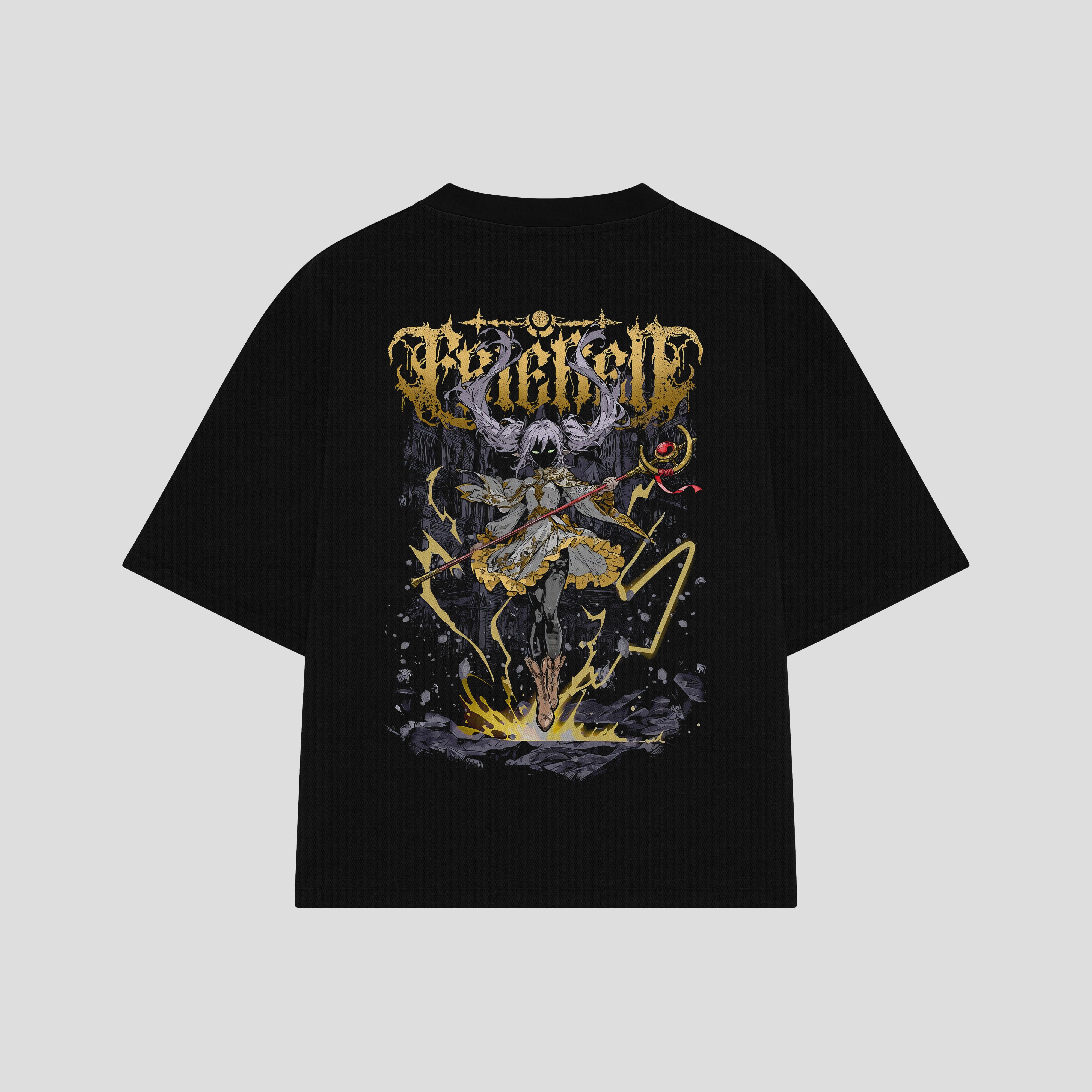 Playera streetwear premium de anime y gaming ExtraLife MX, corte boxy oversized drop shoulder heavyweight en color Deep Black y Off-White, moda urbana mexicana de culto.