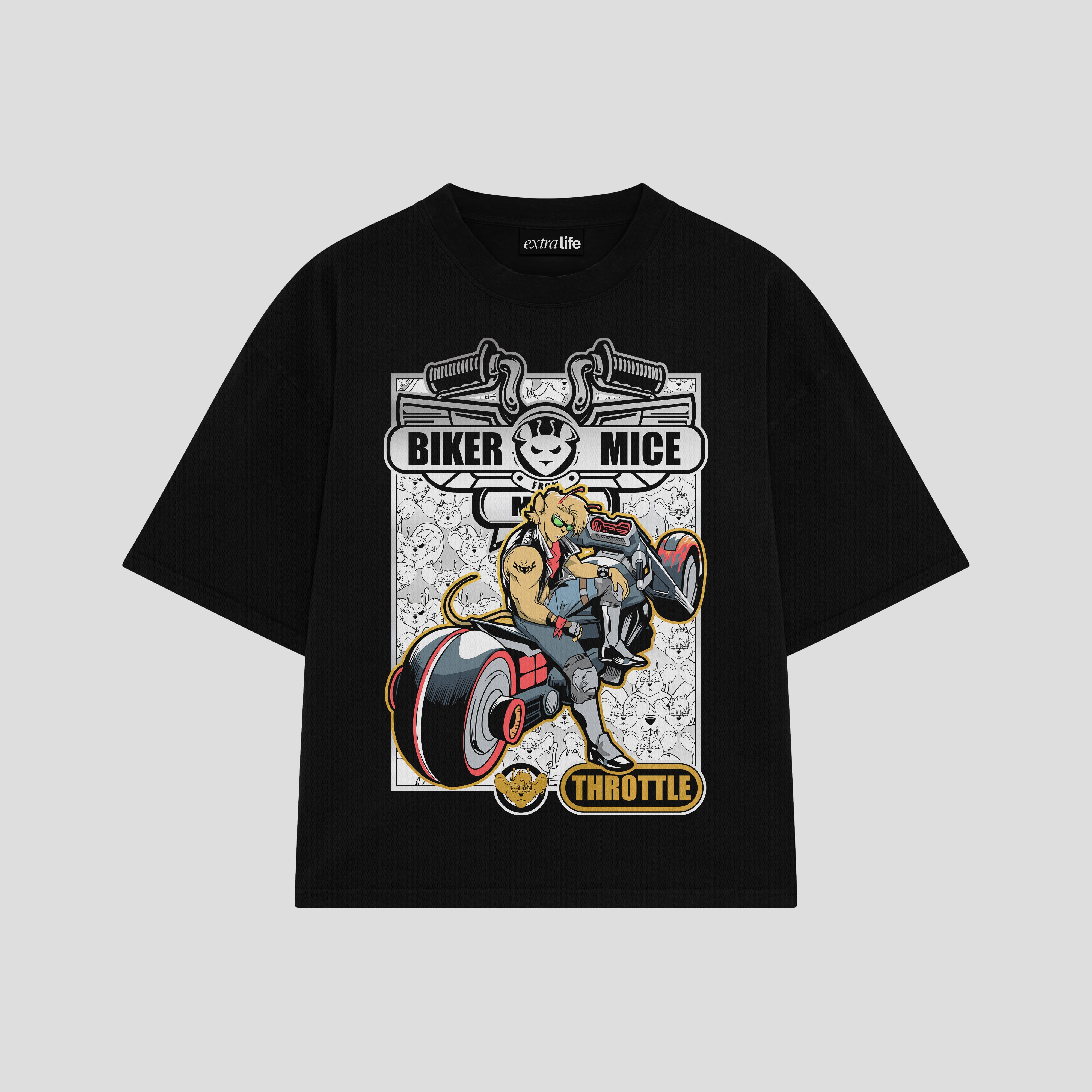 Playera streetwear premium de anime y gaming ExtraLife MX, corte boxy oversized drop shoulder heavyweight en color Deep Black y Off-White, moda urbana mexicana de culto.