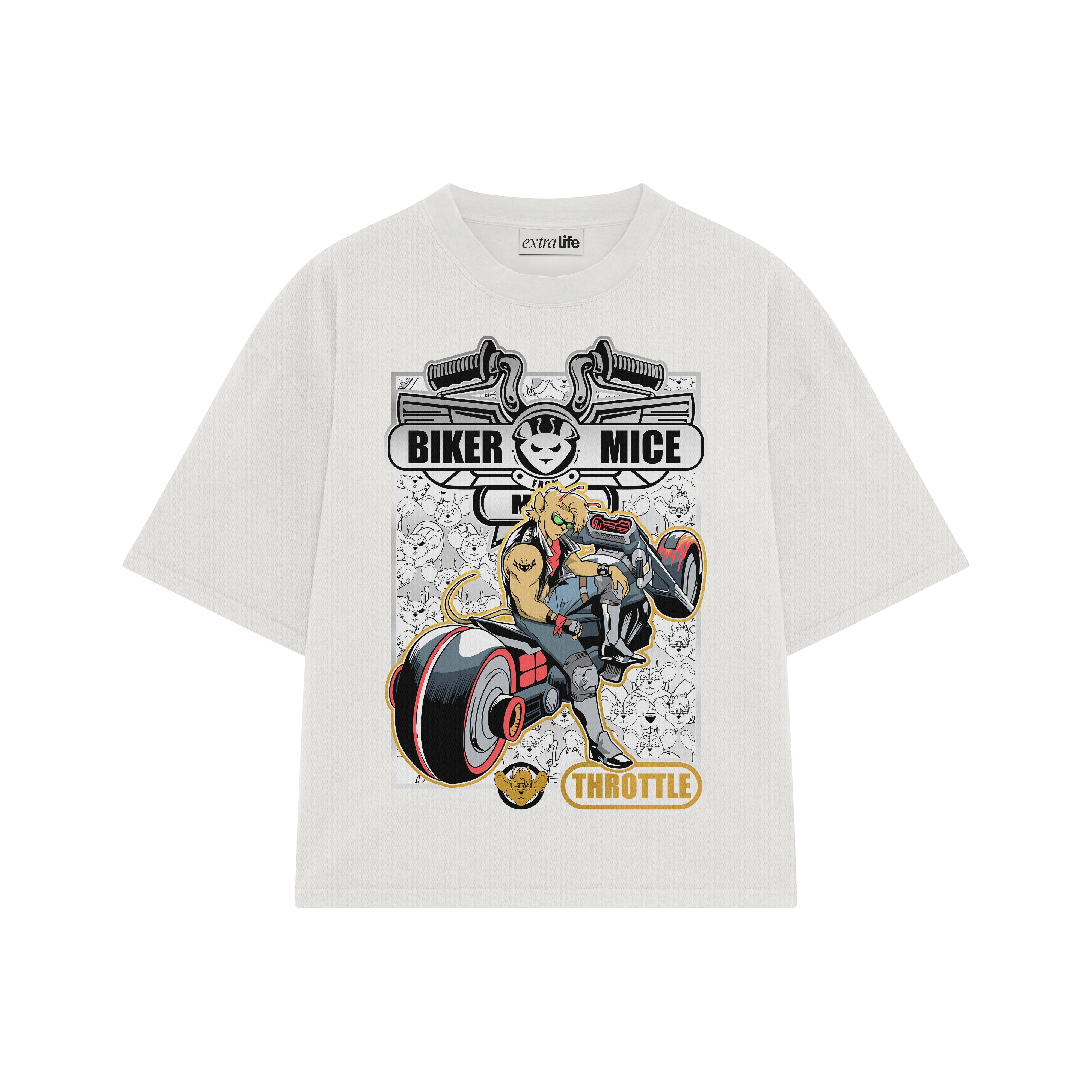 Playera streetwear premium de anime y gaming ExtraLife MX, corte boxy oversized drop shoulder heavyweight en color Deep Black y Off-White, moda urbana mexicana de culto.
