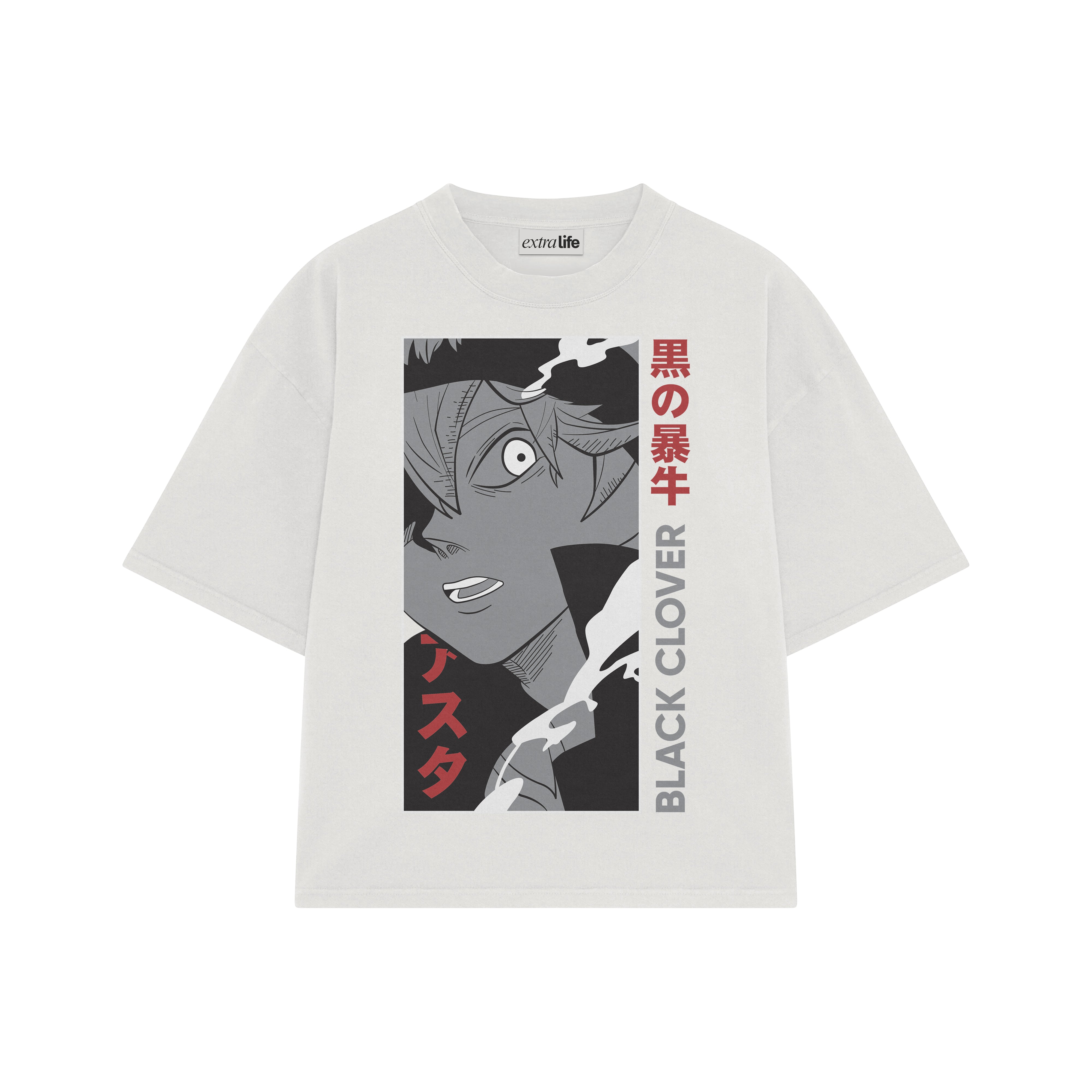 Playera streetwear premium de anime y gaming ExtraLife MX, corte boxy oversized drop shoulder heavyweight en color Deep Black y Off-White, moda urbana mexicana de culto.