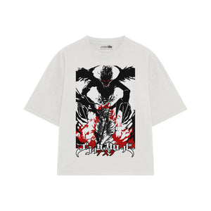 Playera streetwear premium de anime y gaming ExtraLife MX, corte boxy oversized drop shoulder heavyweight en color Deep Black y Off-White, moda urbana mexicana de culto.