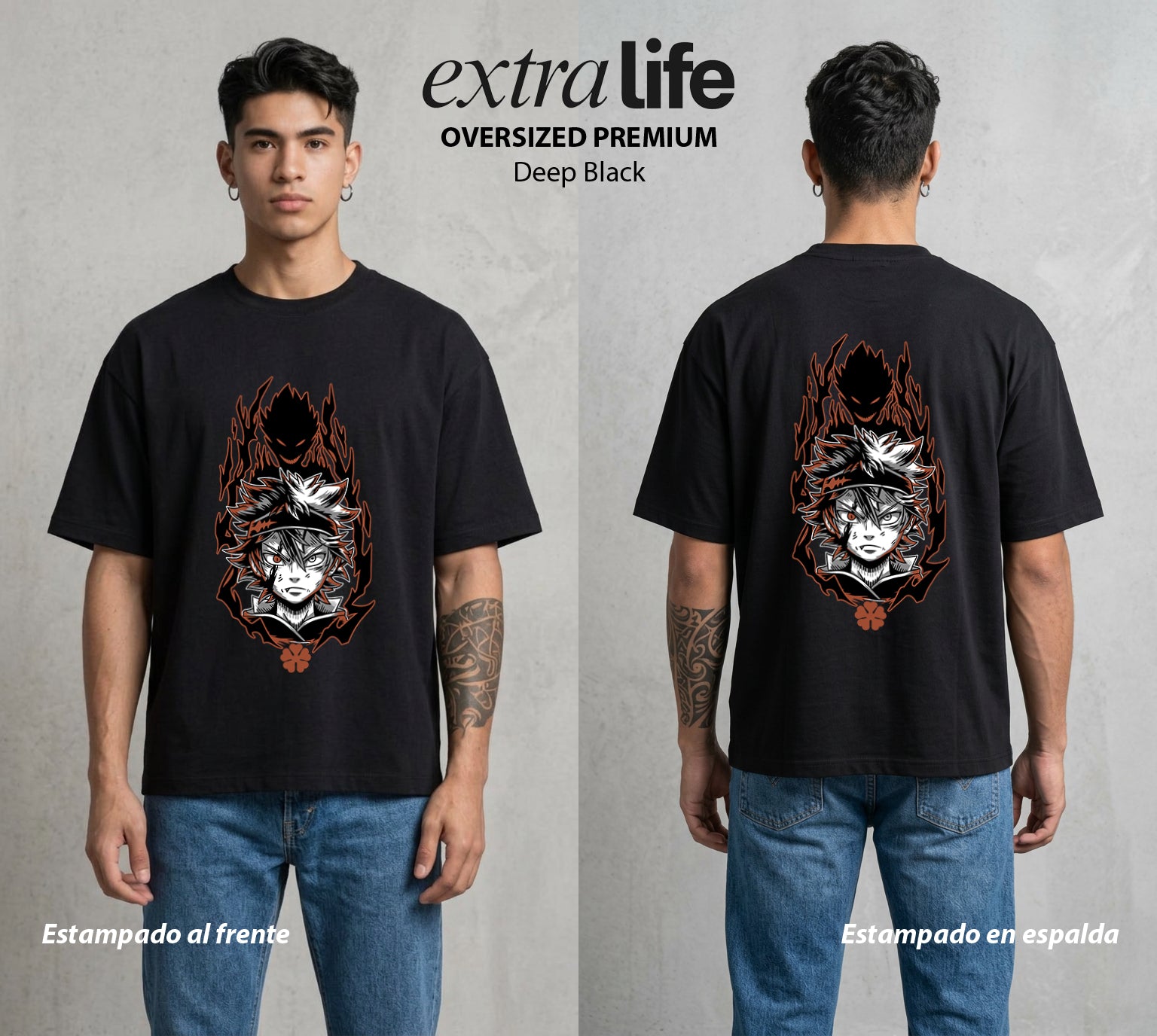 El Trebol Magico | Black Clover Asta #00220 - Playera Oversized Premium | Deep Black - Foto en modelo
