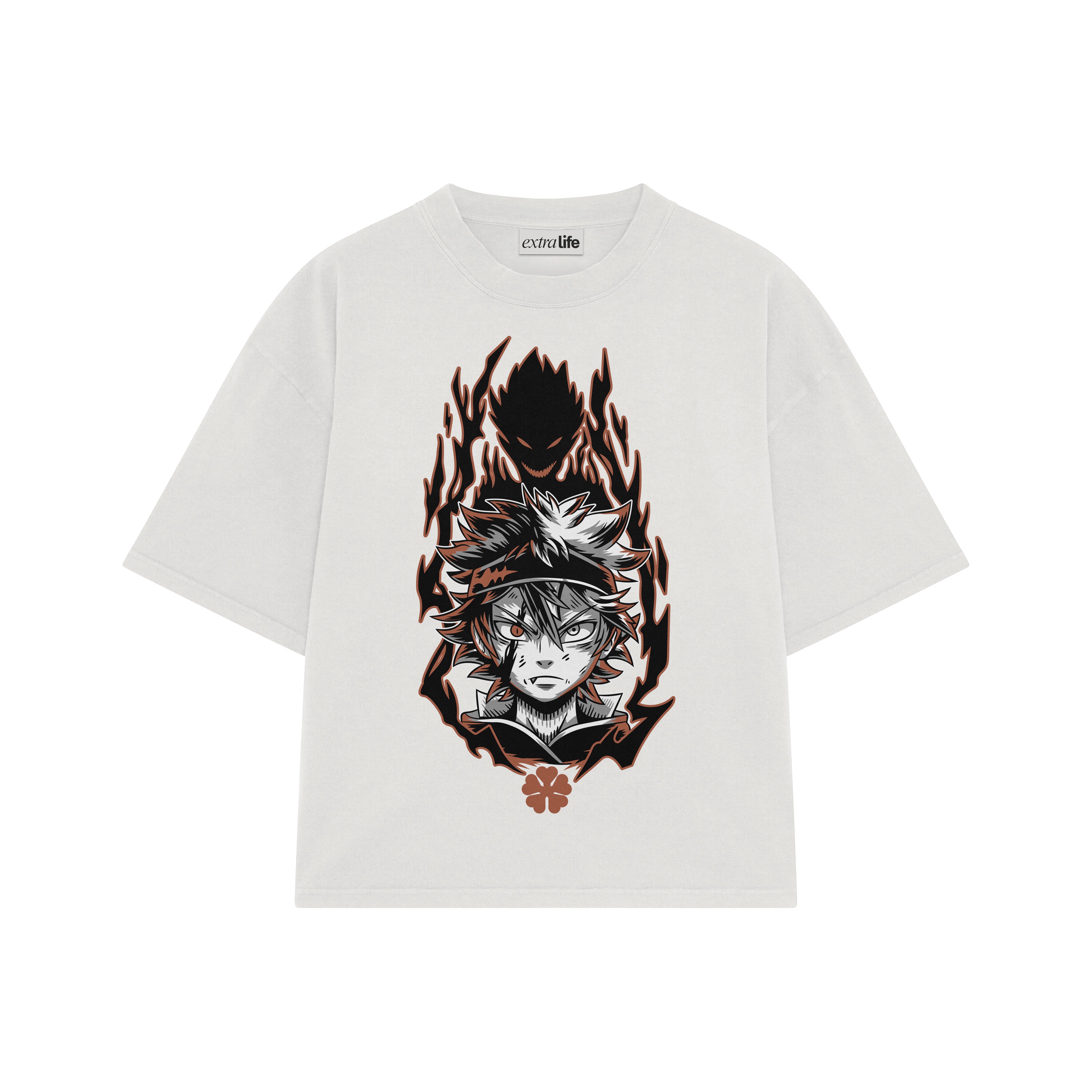 Playera streetwear premium de anime y gaming ExtraLife MX, corte boxy oversized drop shoulder heavyweight en color Deep Black y Off-White, moda urbana mexicana de culto.
