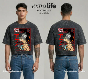 Playera streetwear premium de anime y gaming ExtraLife MX, corte boxy deluxe mineral wash heavyweight en color Acid Wash, moda urbana mexicana de culto.