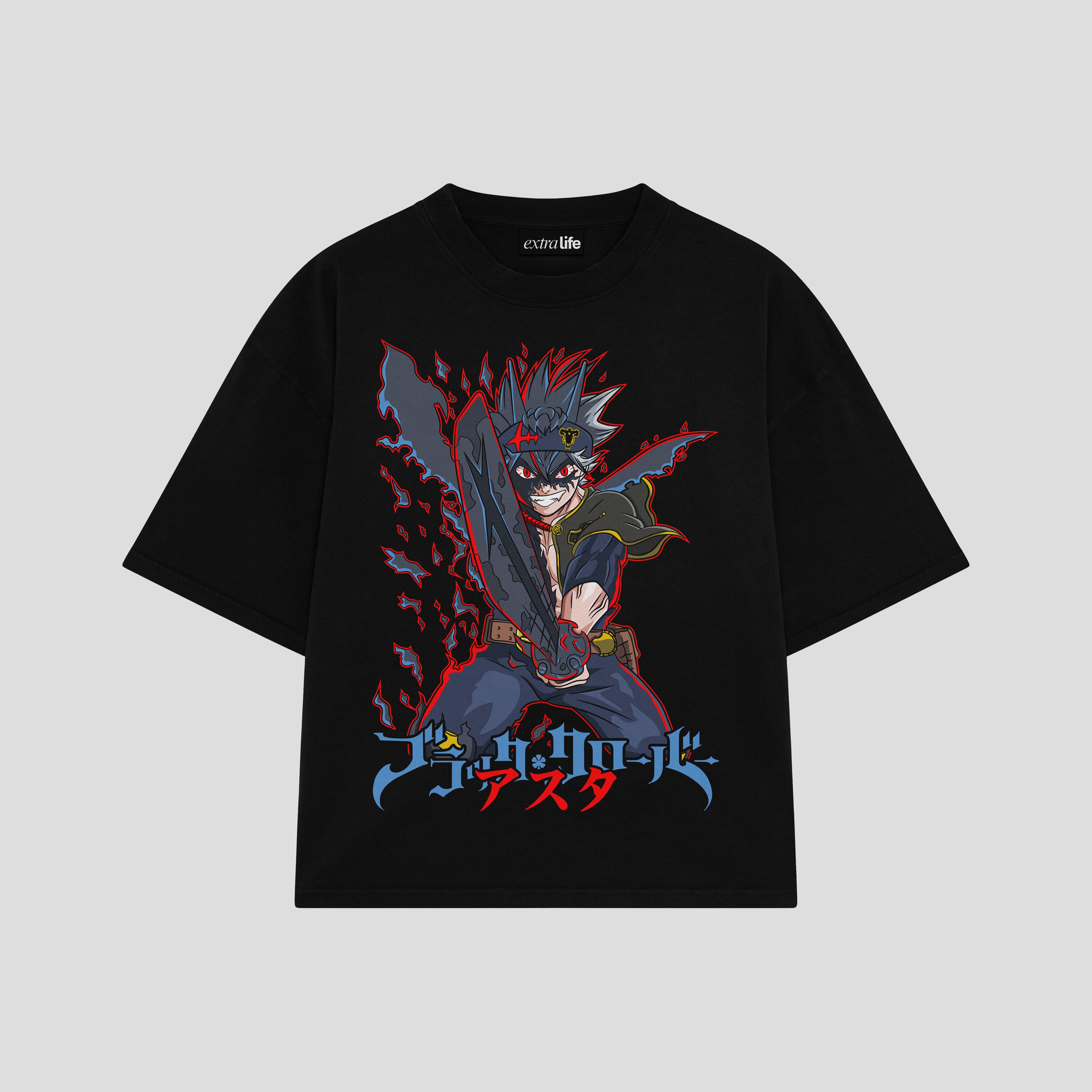 Playera streetwear premium de anime y gaming ExtraLife MX, corte boxy oversized drop shoulder heavyweight en color Deep Black y Off-White, moda urbana mexicana de culto.