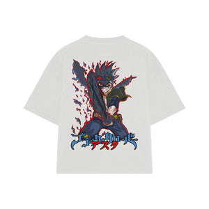 Playera streetwear premium de anime y gaming ExtraLife MX, corte boxy oversized drop shoulder heavyweight en color Deep Black y Off-White, moda urbana mexicana de culto.