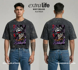 Playera streetwear premium de anime y gaming ExtraLife MX, corte boxy deluxe mineral wash heavyweight en color Acid Wash, moda urbana mexicana de culto.