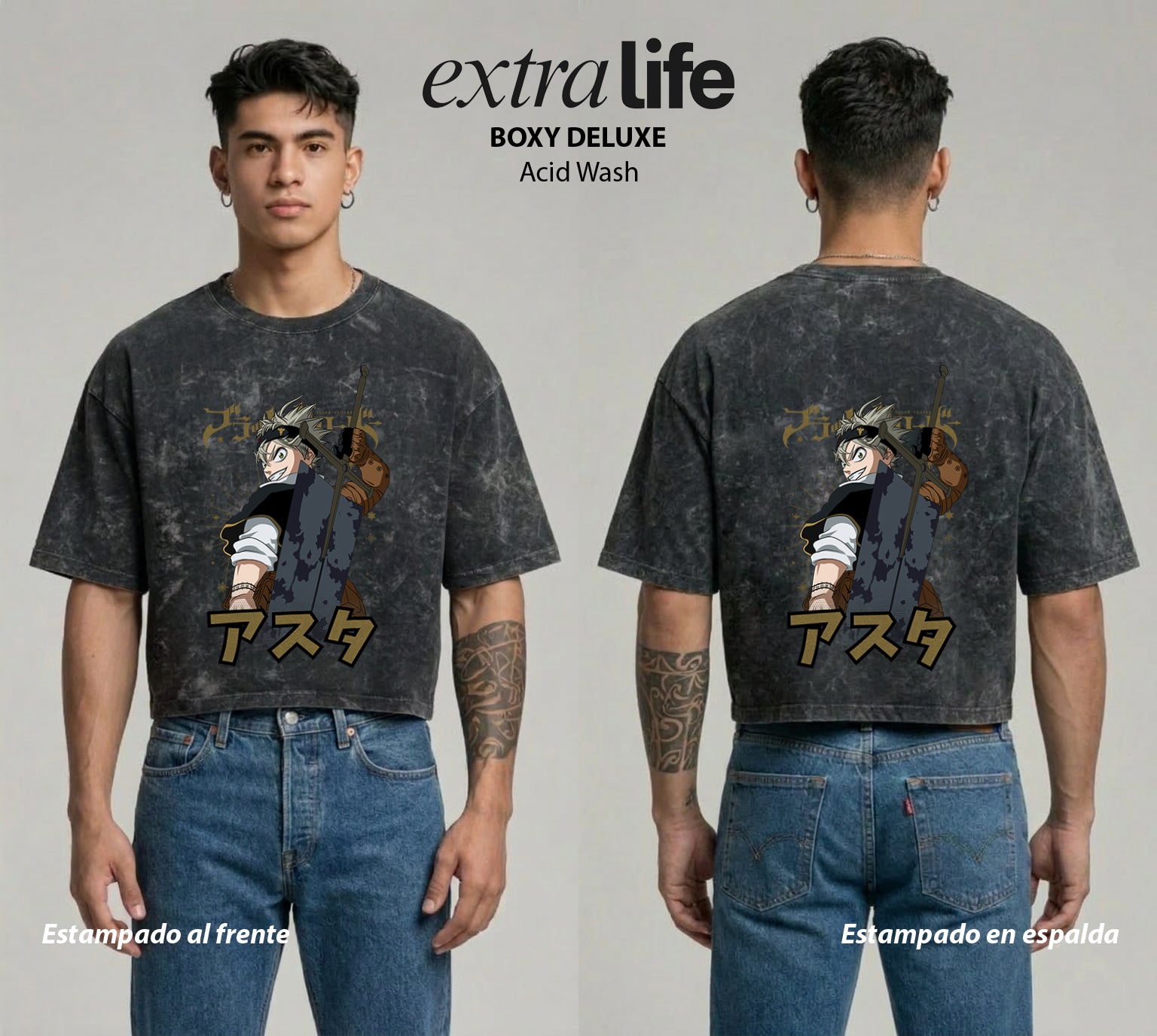 Playera streetwear premium de anime y gaming ExtraLife MX, corte boxy deluxe mineral wash heavyweight en color Acid Wash, moda urbana mexicana de culto.