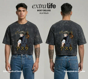 Playera streetwear premium de anime y gaming ExtraLife MX, corte boxy deluxe mineral wash heavyweight en color Acid Wash, moda urbana mexicana de culto.