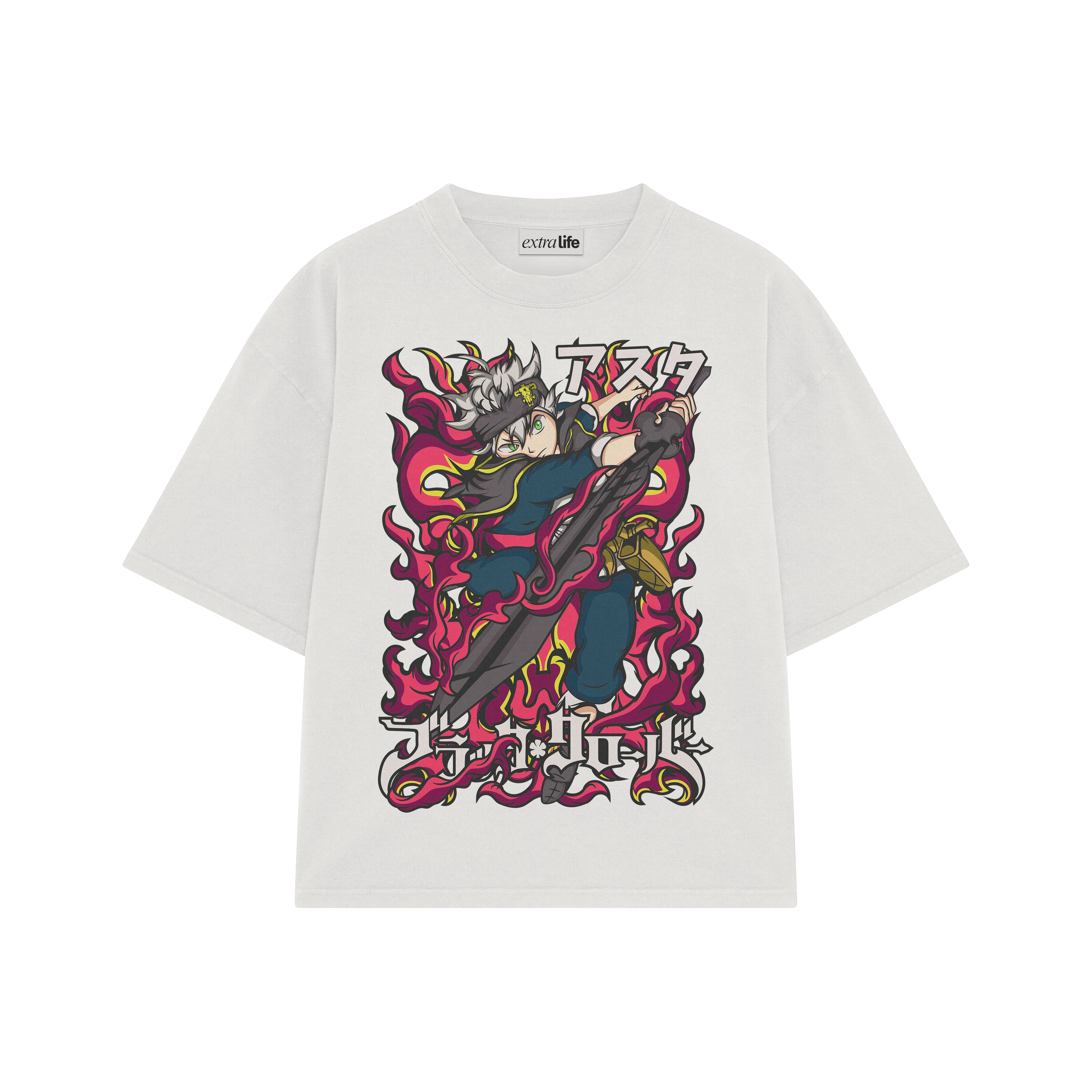 Playera streetwear premium de anime y gaming ExtraLife MX, corte boxy oversized drop shoulder heavyweight en color Deep Black y Off-White, moda urbana mexicana de culto.