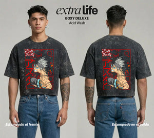 Playera streetwear premium de anime y gaming ExtraLife MX, corte boxy deluxe mineral wash heavyweight en color Acid Wash, moda urbana mexicana de culto.