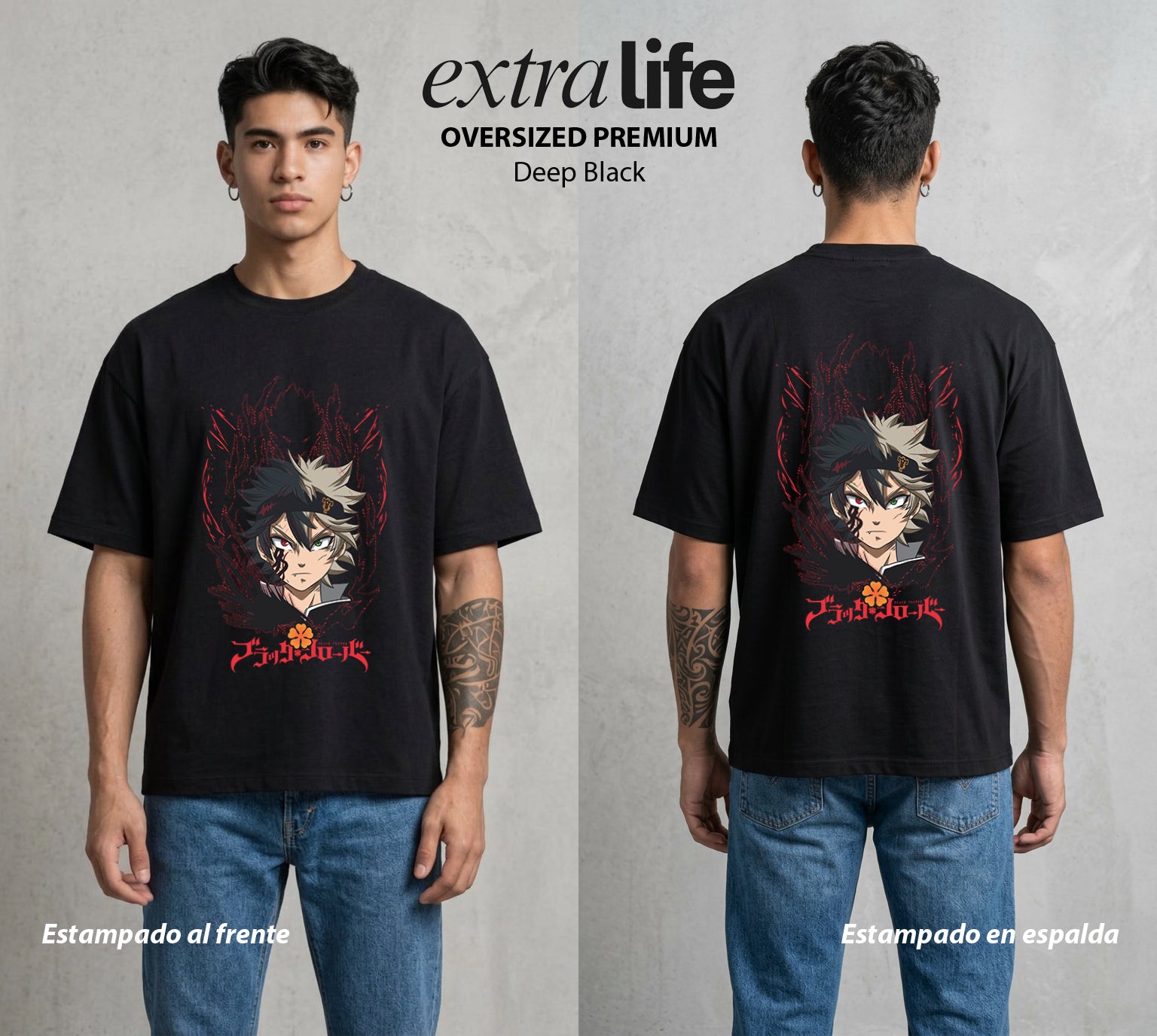 El Trebol Magico | Black Clover Asta #00231 - Playera Oversized Premium | Deep Black - Foto en modelo