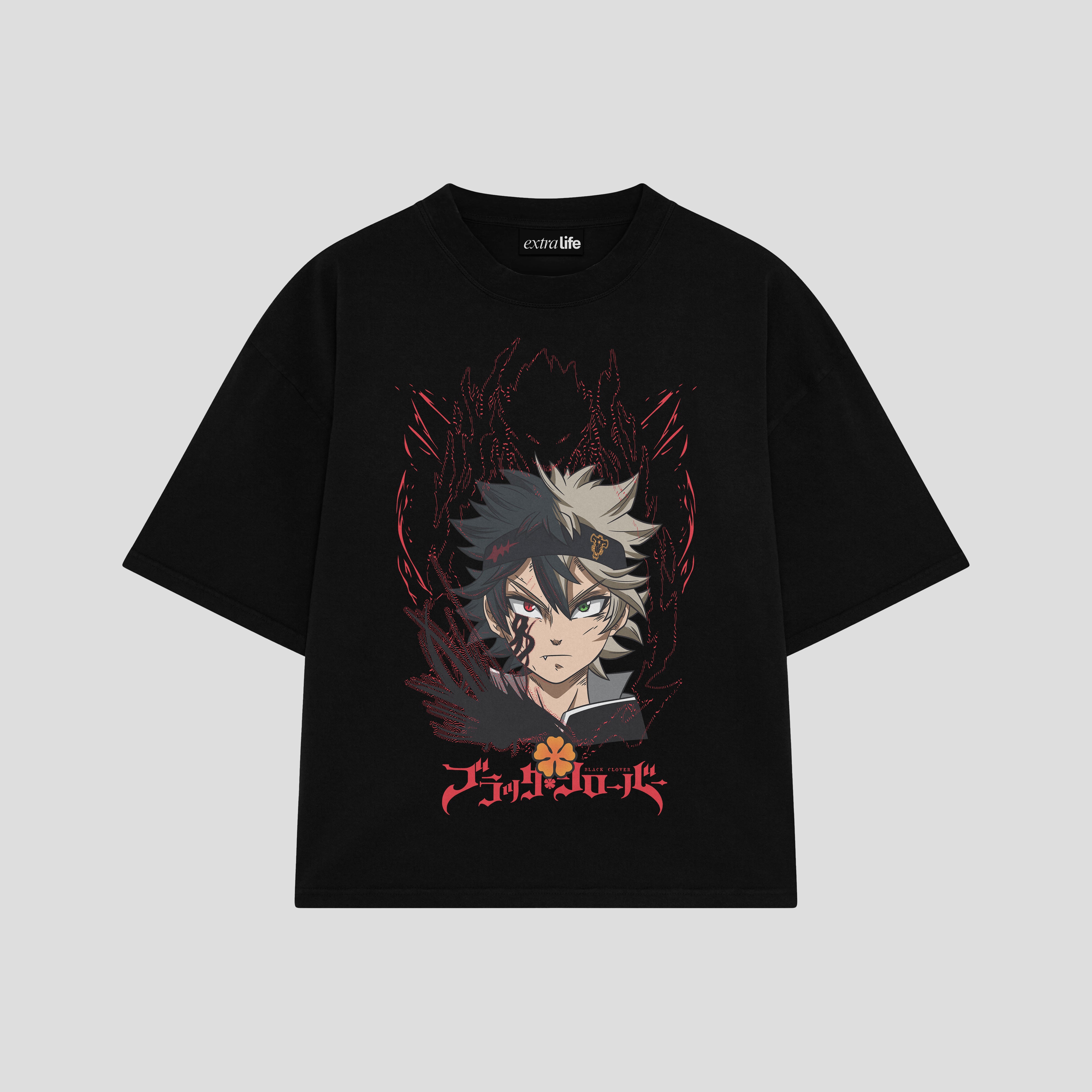 Playera streetwear premium de anime y gaming ExtraLife MX, corte boxy oversized drop shoulder heavyweight en color Deep Black y Off-White, moda urbana mexicana de culto.