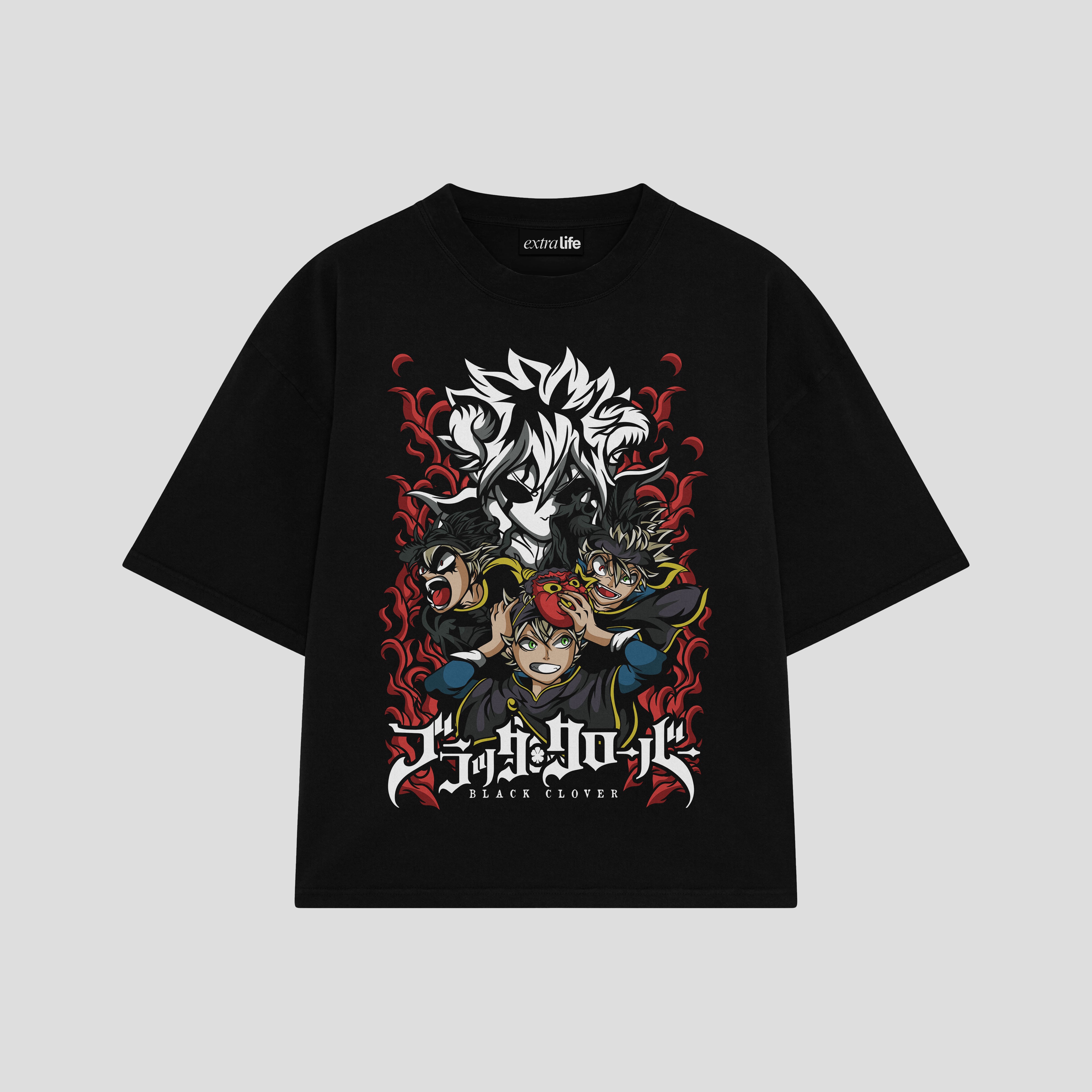 Playera streetwear premium de anime y gaming ExtraLife MX, corte boxy oversized drop shoulder heavyweight en color Deep Black y Off-White, moda urbana mexicana de culto.
