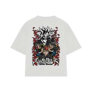 Playera streetwear premium de anime y gaming ExtraLife MX, corte boxy oversized drop shoulder heavyweight en color Deep Black y Off-White, moda urbana mexicana de culto.